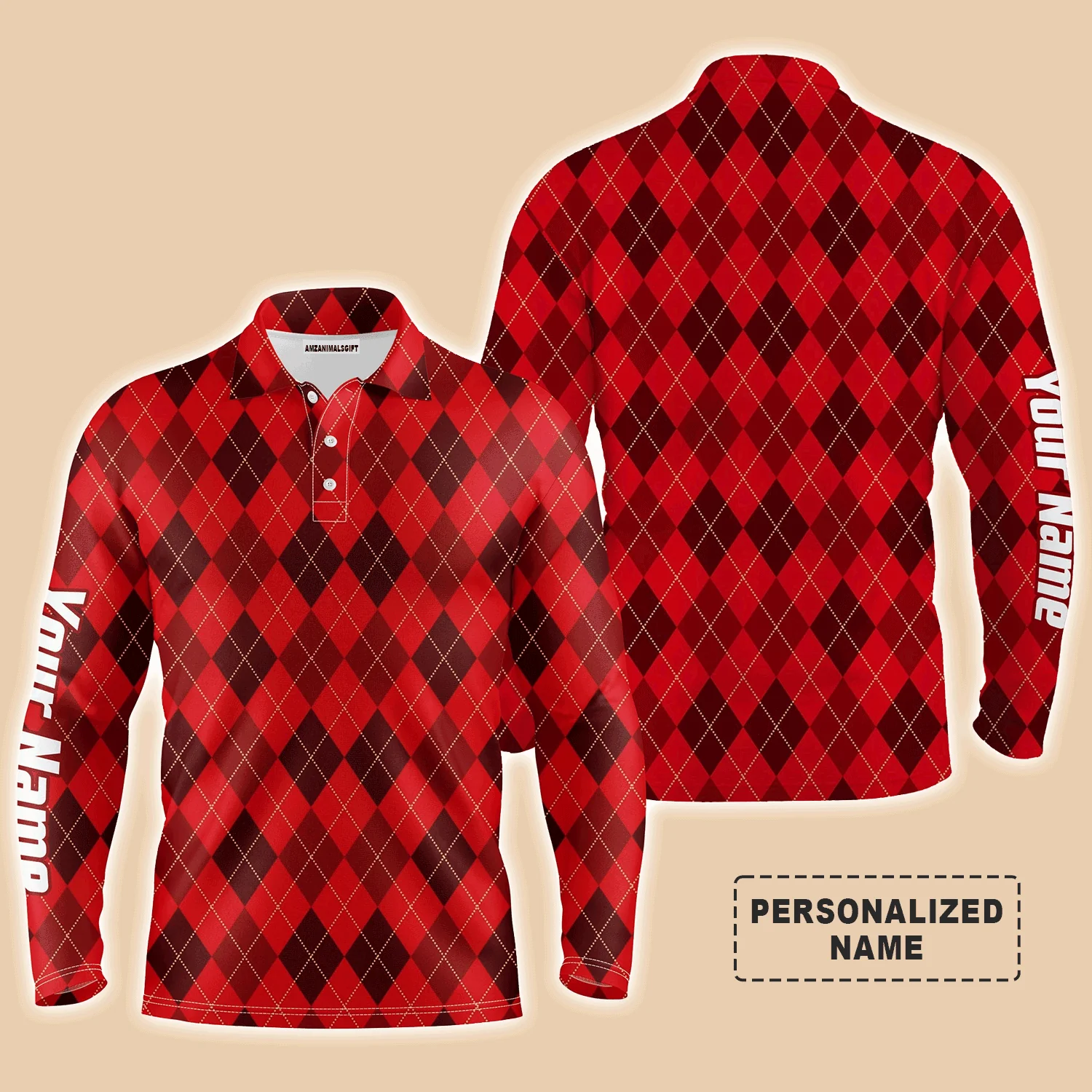 Custom Golf Long Sleeve Men Polo Shirt-Custom Name Funny Christmas Plaid Argyle Pattern Apparel Men Polo Shirt For Men, Golf Lover