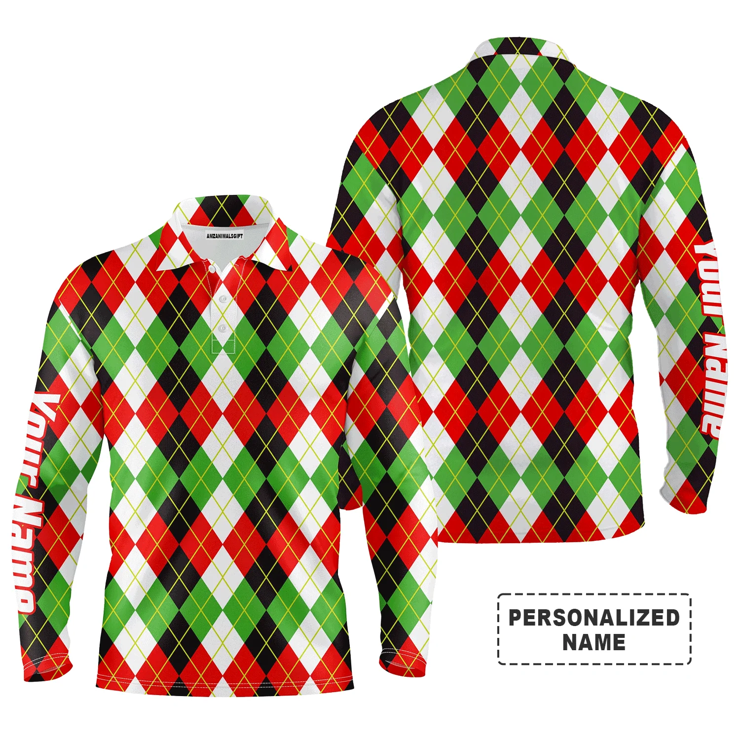 Custom Golf Long Sleeve Men Polo Shirt-Custom Name Funny Christmas Plaid Argyle Pattern Apparel Men Polo Shirt For Men, Golf Lover - Image 5