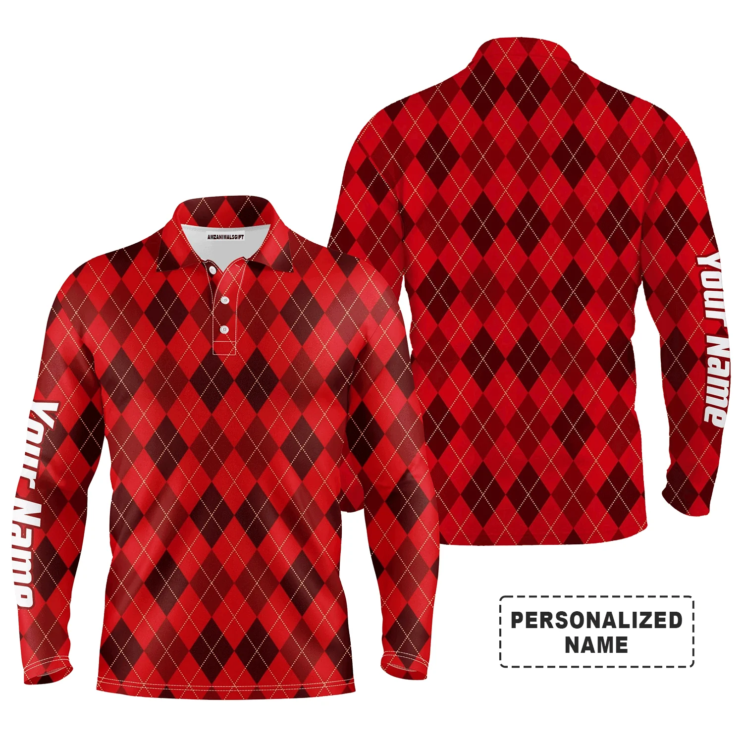 Custom Golf Long Sleeve Men Polo Shirt-Custom Name Funny Christmas Plaid Argyle Pattern Apparel Men Polo Shirt For Men, Golf Lover - Image 6