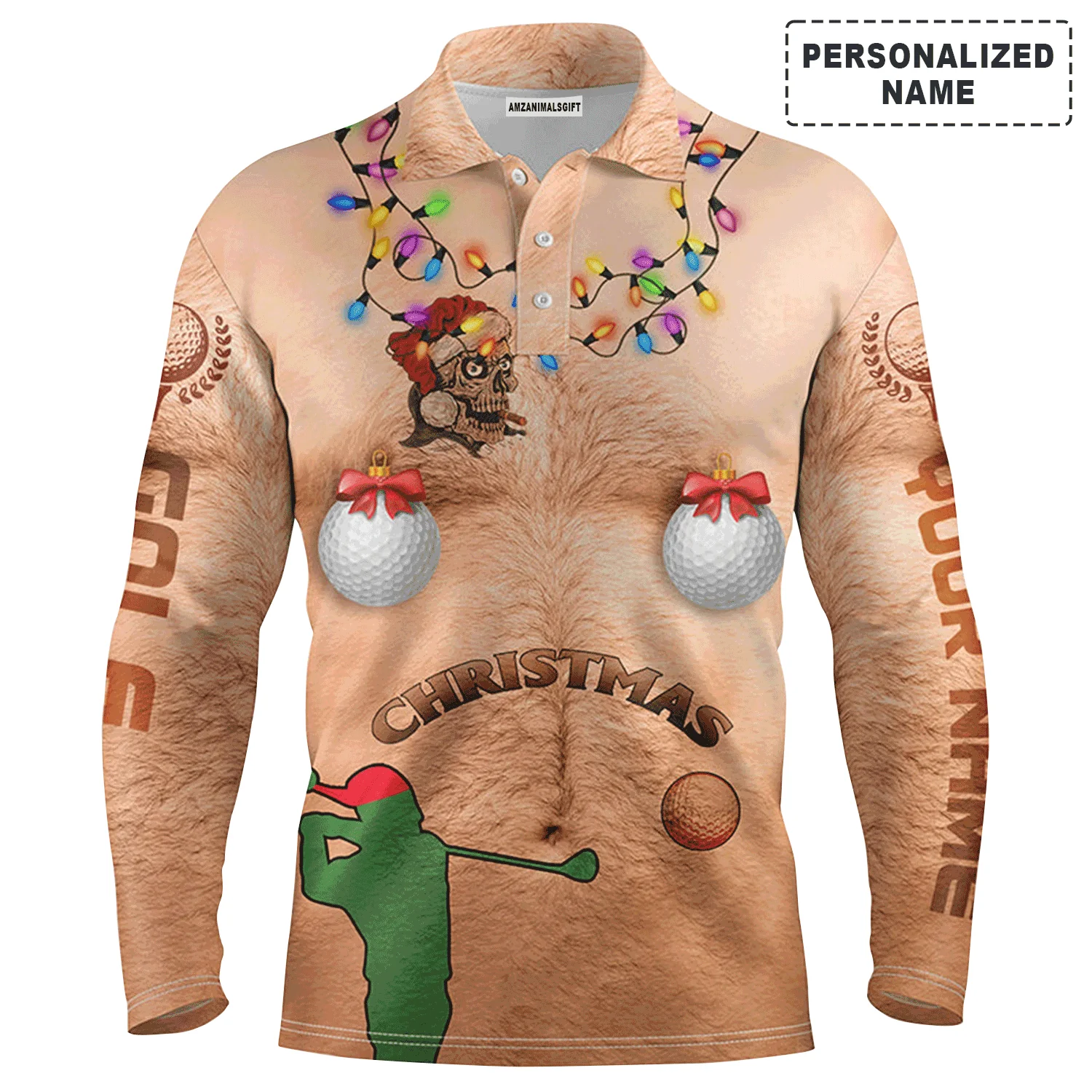 Custom Golf Long Sleeve Men Polo Shirt - Custom Name Funny Hairy Chest Ugly Apparel - Personalized Gift For Golf Lover, Men - Image 2