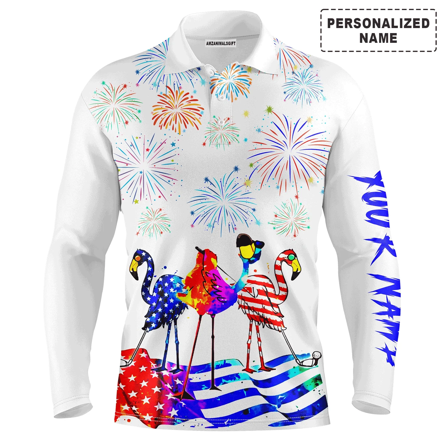 Custom Golf Long Sleeve Men Polo Shirt- Custom Name Funny Red White Blue Flamingo American flag - Perfect Gift For Men,Golf Lover - Image 2