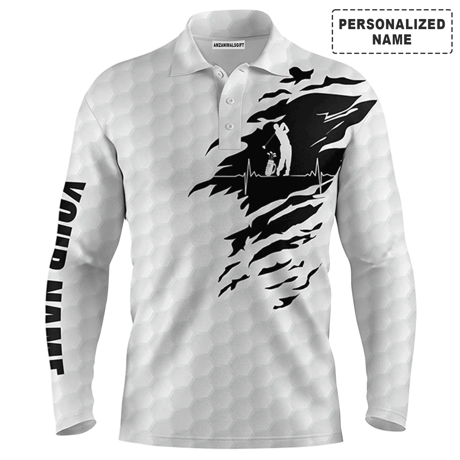 Custom Golf Long Sleeve Men Polo Shirt-Custom Name Golf Ball Pattern White Apparel Men Polo Shirt-Perfect Gift For Men, Golf Lover - Image 2