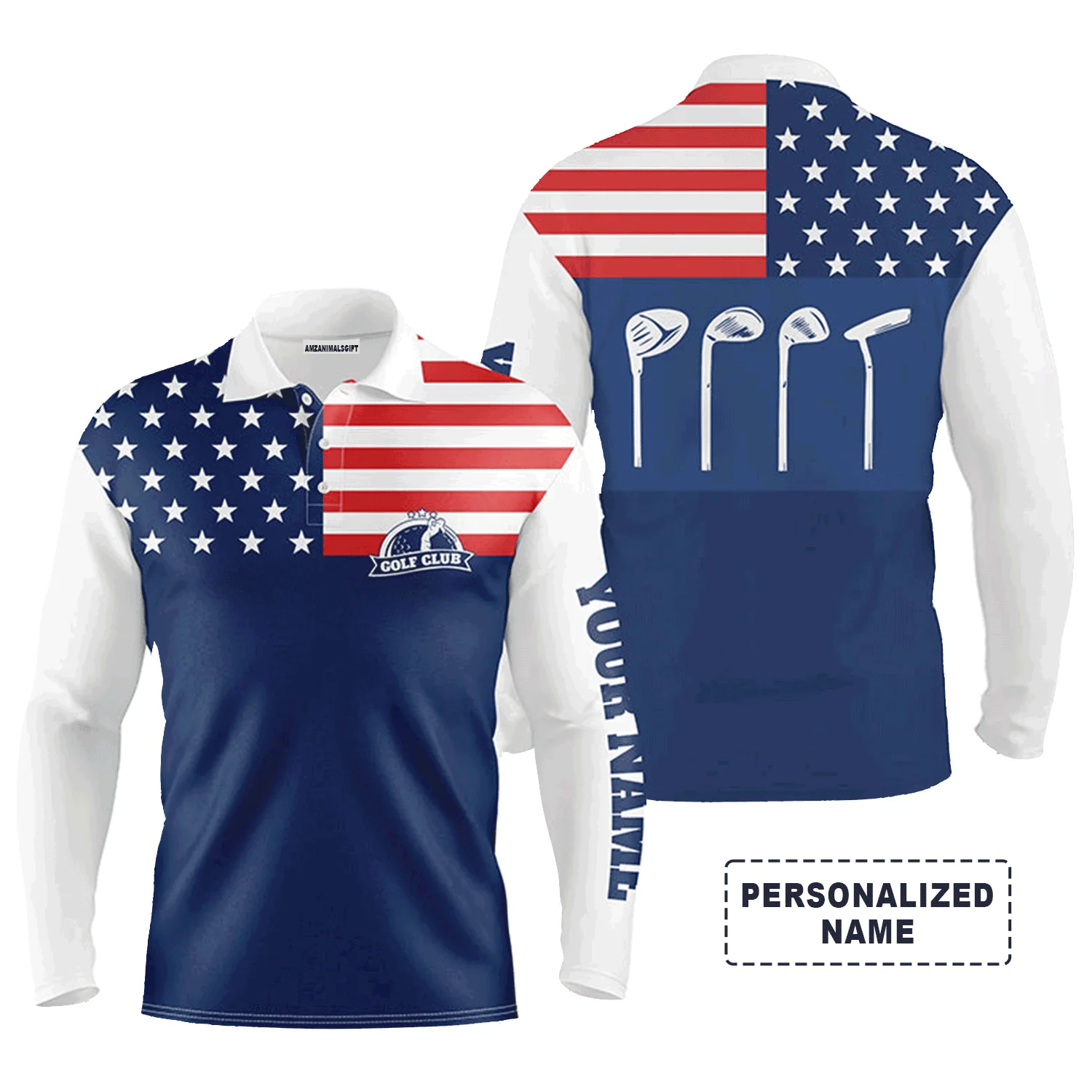 Custom Golf Long Sleeve Men Polo Shirt - Custom Name Golf Club American Flag Patriot Blue Apparel For Men, Golf Lover - Image 2