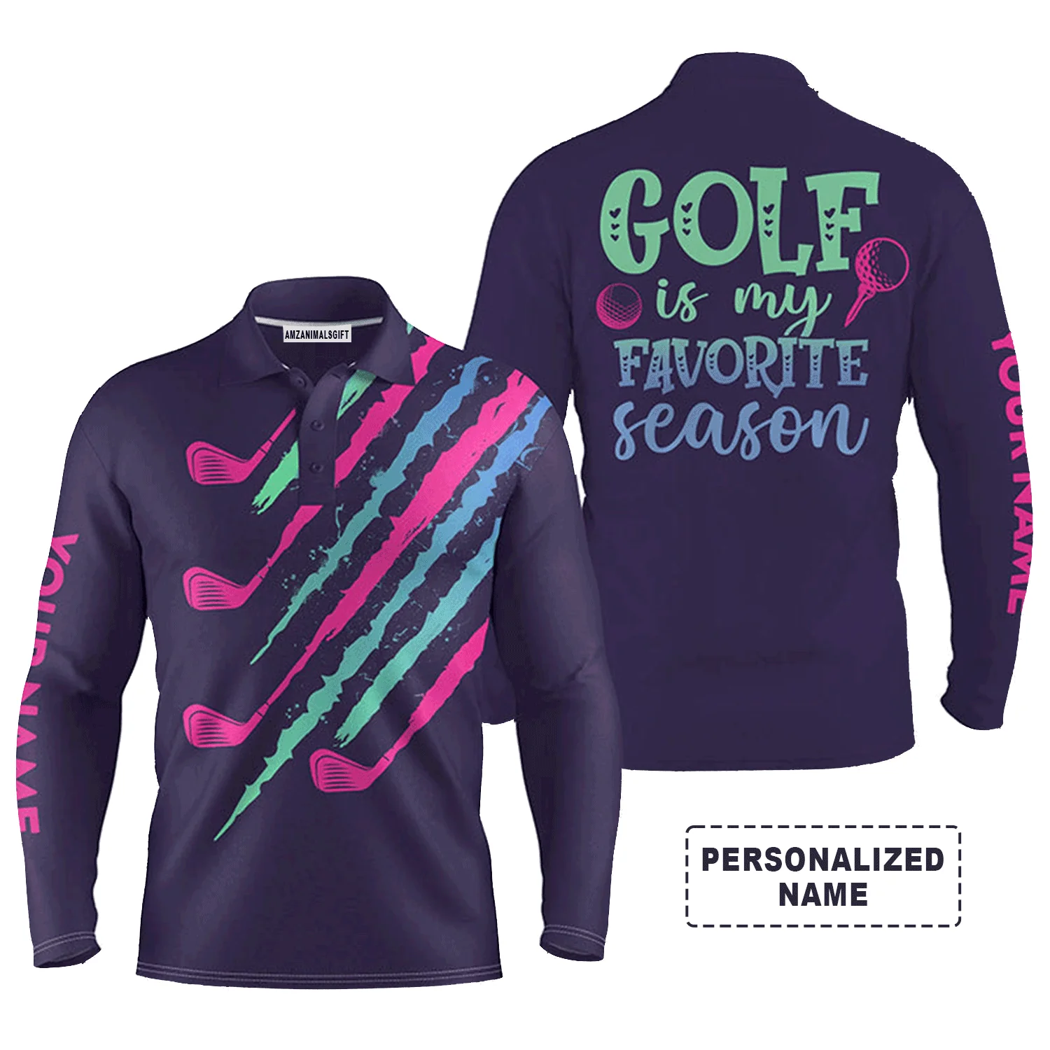 Custom Golf Long Sleeve Men Polo Shirt - Custom Name Golfing Purple , Golf Is My Favorite Season Men Polo Shirt, Perfect Polo Shirt For Men, Golfers - Image 3