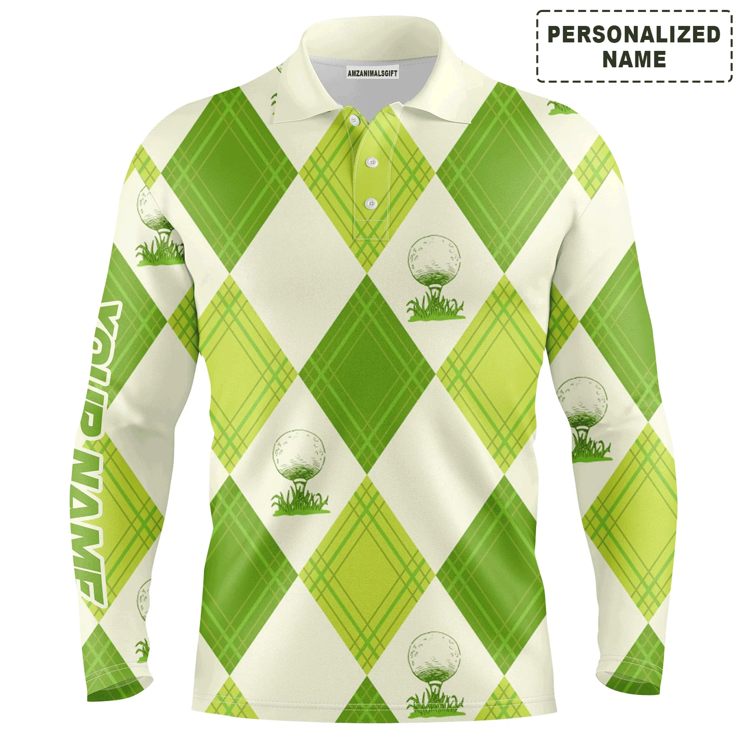 Custom Golf Long Sleeve Men Polo Shirt- Custom Name Green Argyle Pattern Apparel - Personalized Gift For Men, Golf Lover - Image 2