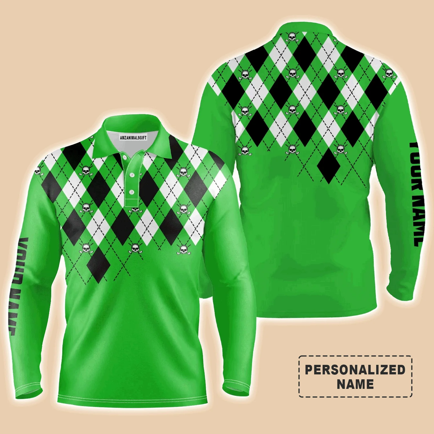 Custom Golf Long Sleeve Men Polo Shirt-Custom Name Green Argyle Plaid Golf Skull Pattern Apparel Men Polo Shirt- Personalized Gift For Men, Golf Lover