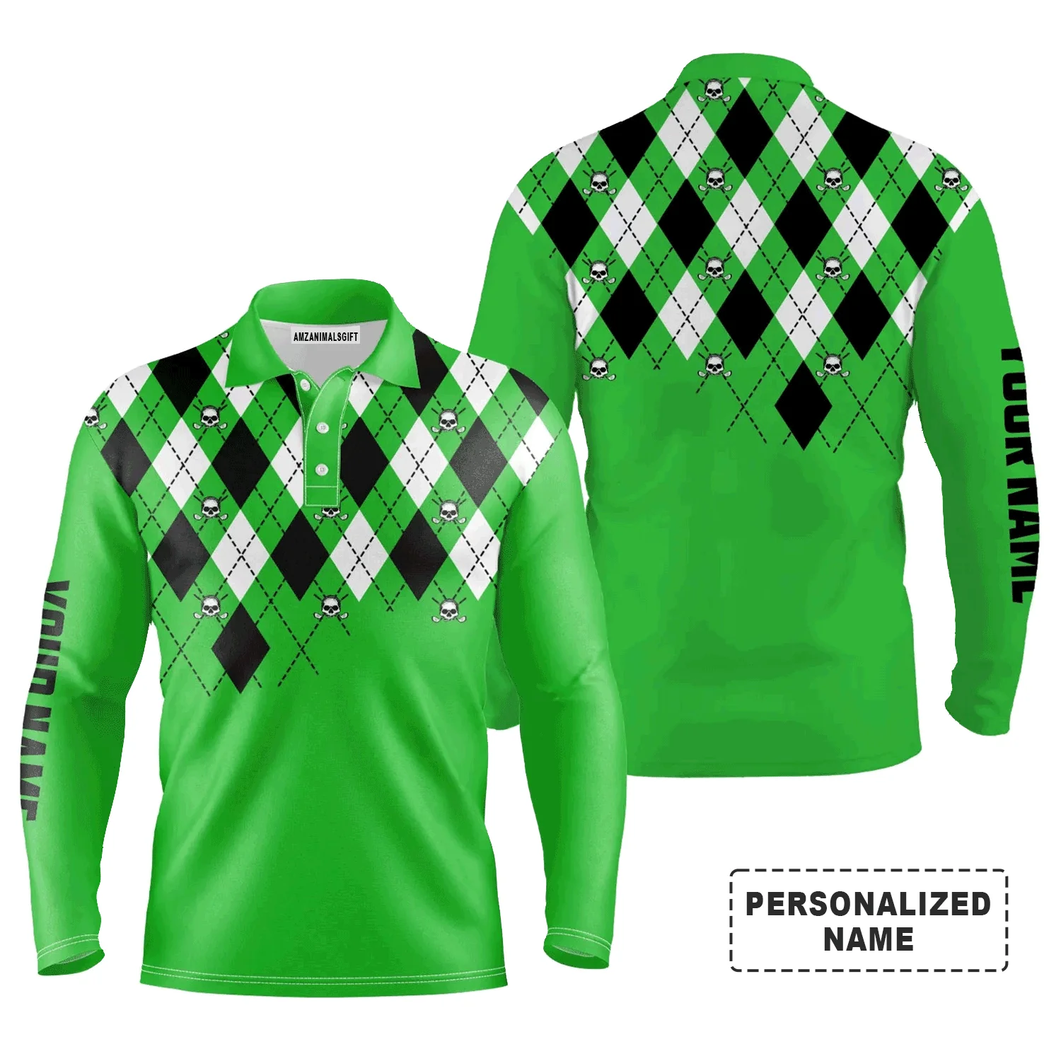 Custom Golf Long Sleeve Men Polo Shirt-Custom Name Green Argyle Plaid Golf Skull Pattern Apparel Men Polo Shirt- Personalized Gift For Men, Golf Lover - Image 2