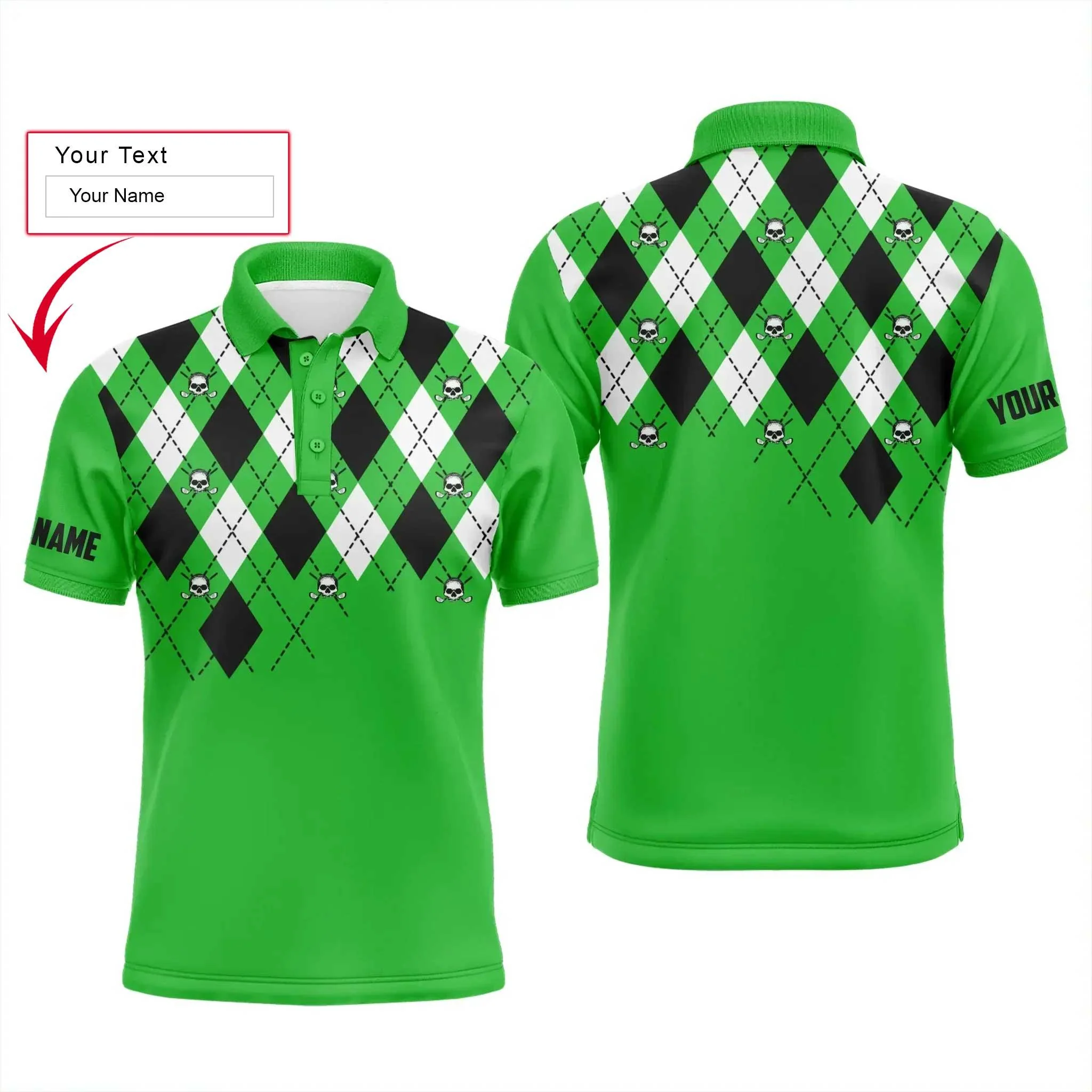 Custom Golf Long Sleeve Men Polo Shirt-Custom Name Green Argyle Plaid Golf Skull Pattern Apparel Men Polo Shirt- Personalized Gift For Men, Golf Lover - Image 3