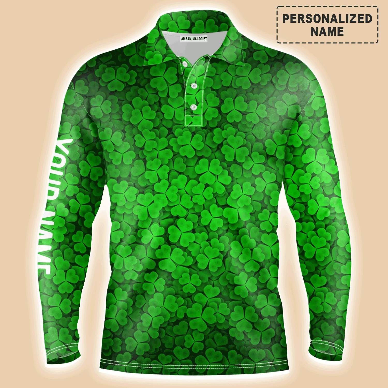 Custom Golf Long Sleeve Men Polo Shirt - Custom Name Green Clover St Patrick's Day Pattern Apparel For Men, Golf Lover