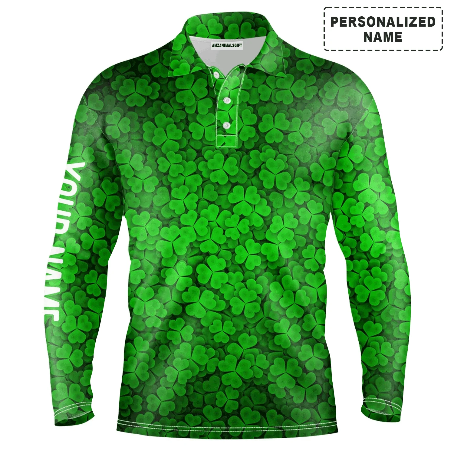 Custom Golf Long Sleeve Men Polo Shirt, Custom Name Green Clover St Patrick's Day Pattern Apparel - Perfect Gifts For Men, Golf Lovers - Image 2