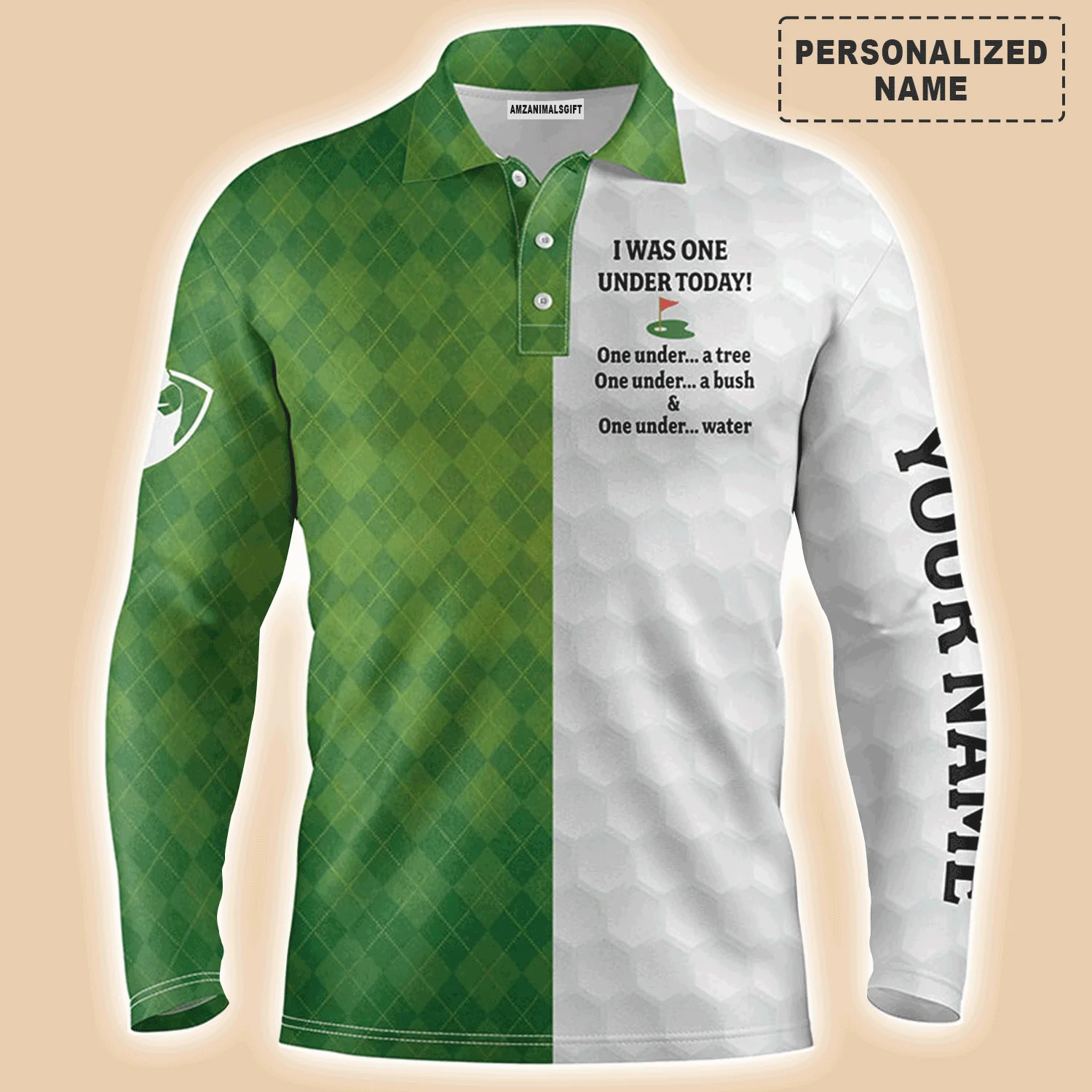 Custom Golf Long Sleeve Men Polo Shirt- Custom Name Green White Argyle Pattern Apparel, I Was One Under Today Polo Shirt For Men, Golf Lover