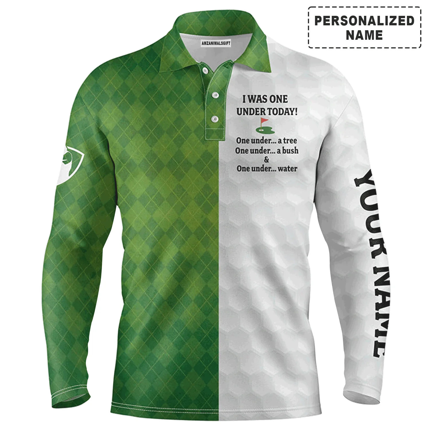 Custom Golf Long Sleeve Men Polo Shirt- Custom Name Green White Argyle Pattern Apparel, I Was One Under Today Polo Shirt For Men, Golf Lover - Image 2