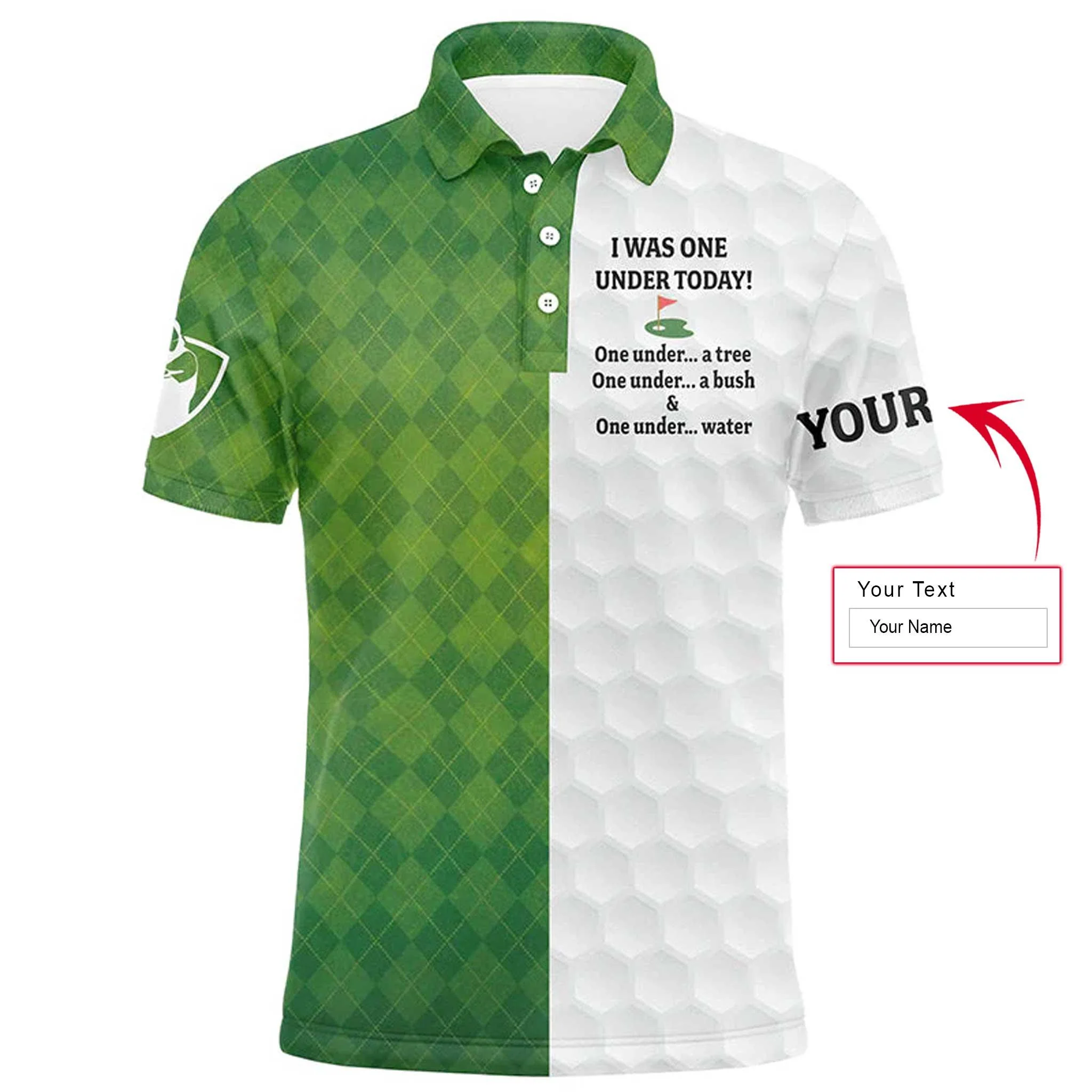Custom Golf Long Sleeve Men Polo Shirt- Custom Name Green White Argyle Pattern Apparel, I Was One Under Today Polo Shirt For Men, Golf Lover - Image 3