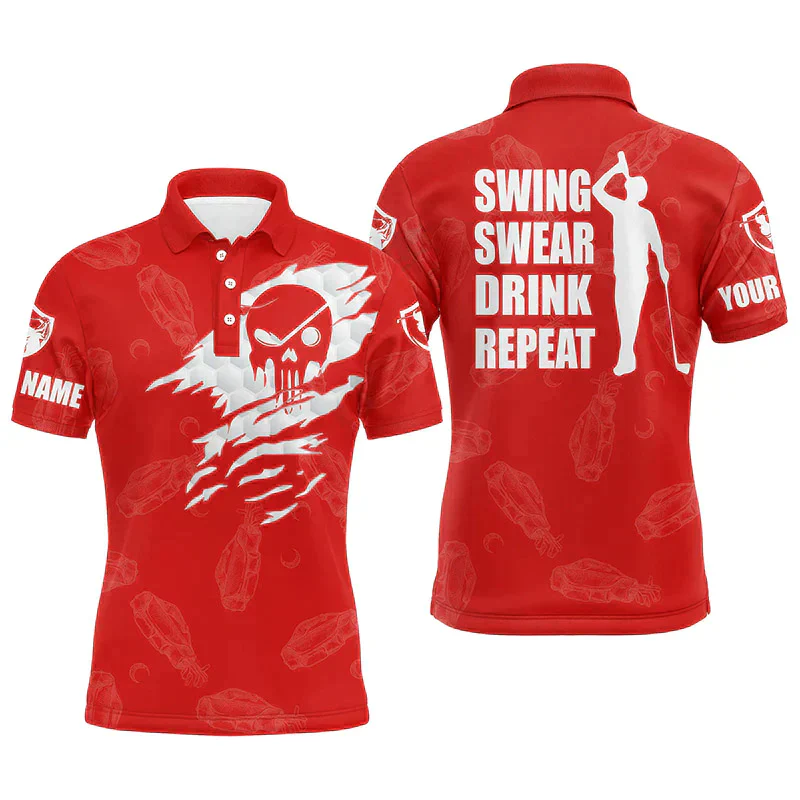Custom Golf Long Sleeve Men Polo Shirt - Custom Name Multicolor Golf Clubs Pattern - Swing Swear Drink Repeat Men Polo Shirt For Golf Lover - Image 7
