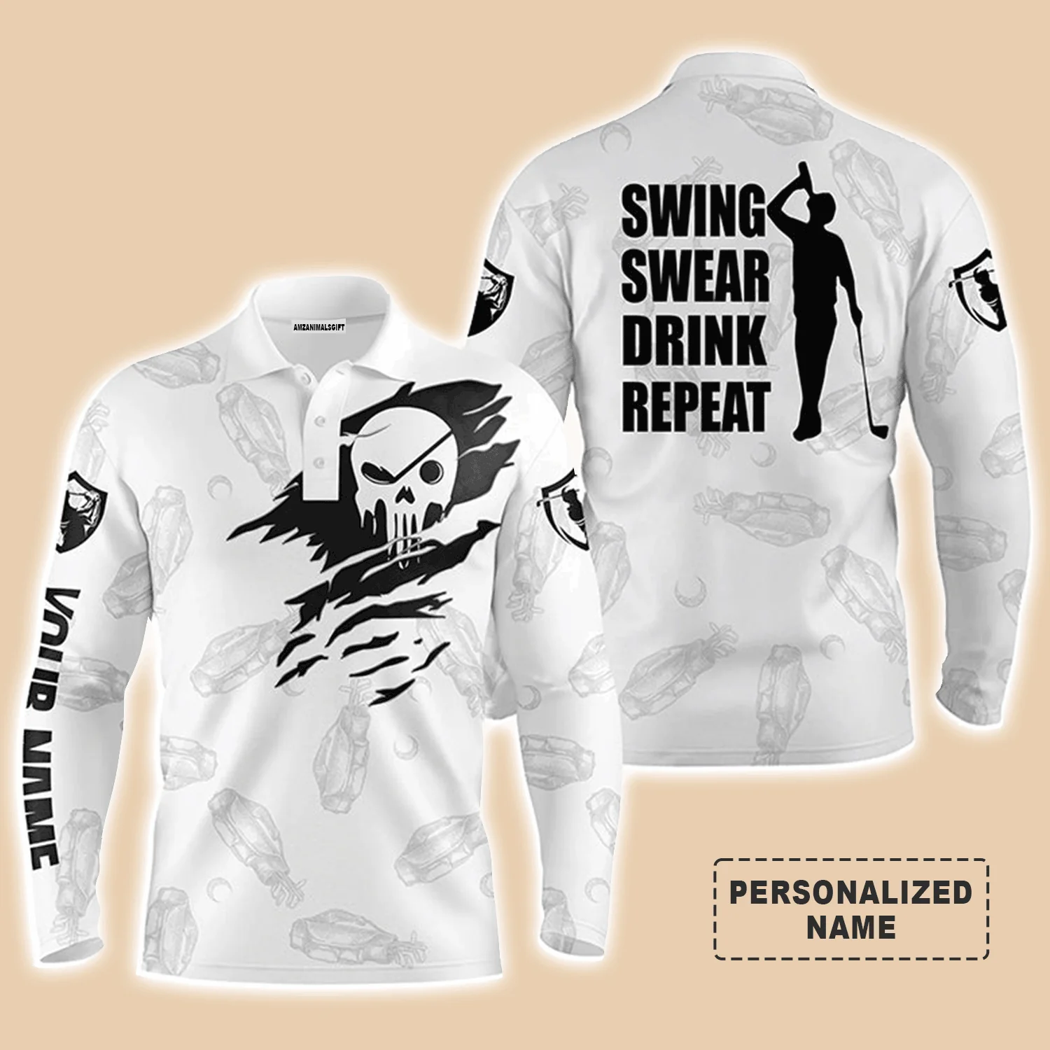 Custom Golf Long Sleeve Men Polo Shirt - Custom Name Multicolor Golf Clubs Pattern - Swing Swear Drink Repeat Men Polo Shirt For Golf Lover - Image 2