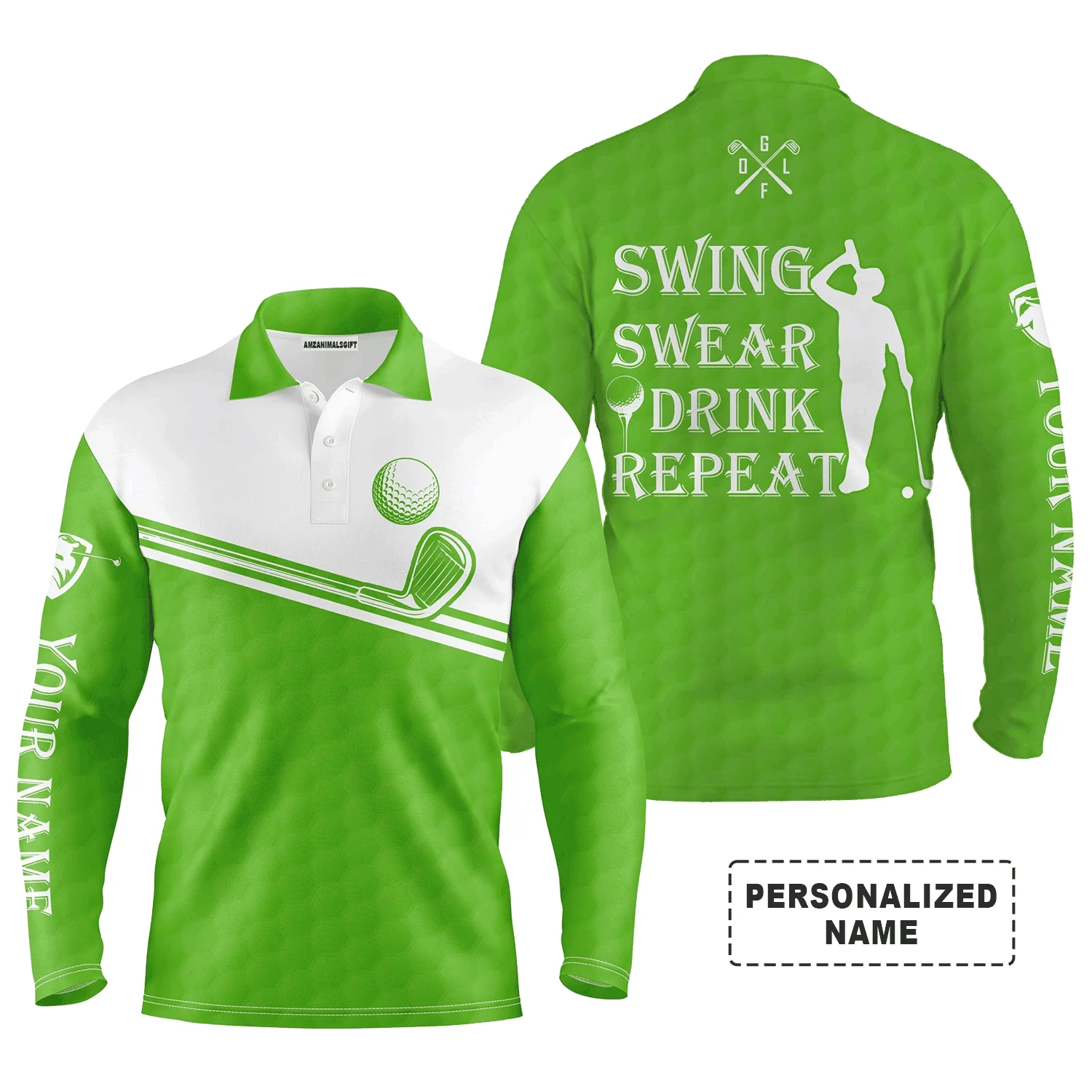 Custom Golf Long Sleeve Men Polo Shirt, Custom Name Multicolor Swing Swear Drink Repeat Apparel- Perfect Gifts For Men, Golf Lover - Image 11