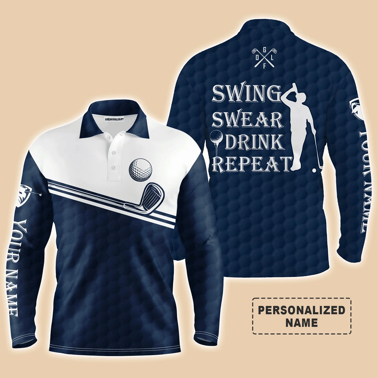 Custom Golf Long Sleeve Men Polo Shirt, Custom Name Multicolor Swing Swear Drink Repeat Apparel- Perfect Gifts For Men, Golf Lover - Image 2