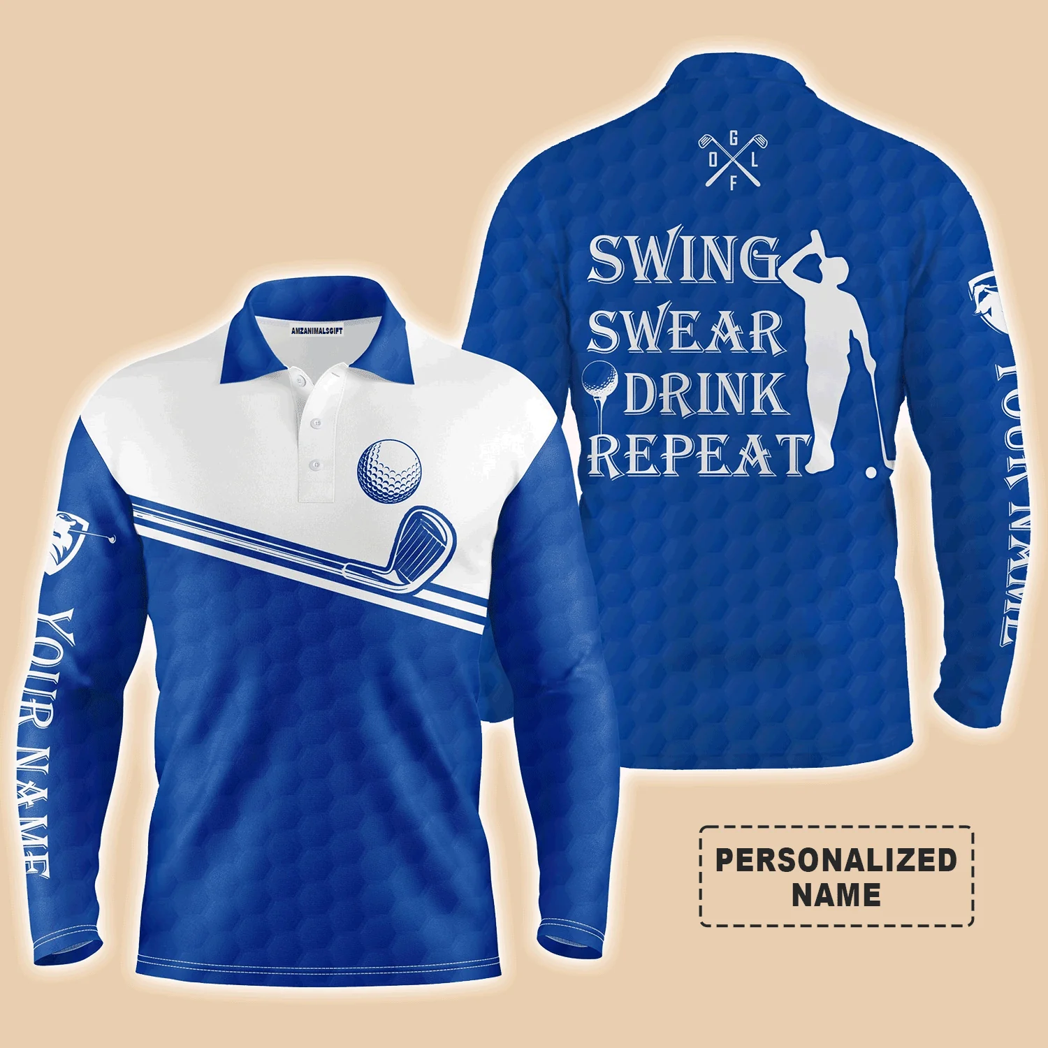 Custom Golf Long Sleeve Men Polo Shirt, Custom Name Multicolor Swing Swear Drink Repeat Apparel- Perfect Gifts For Men, Golf Lover - Image 3