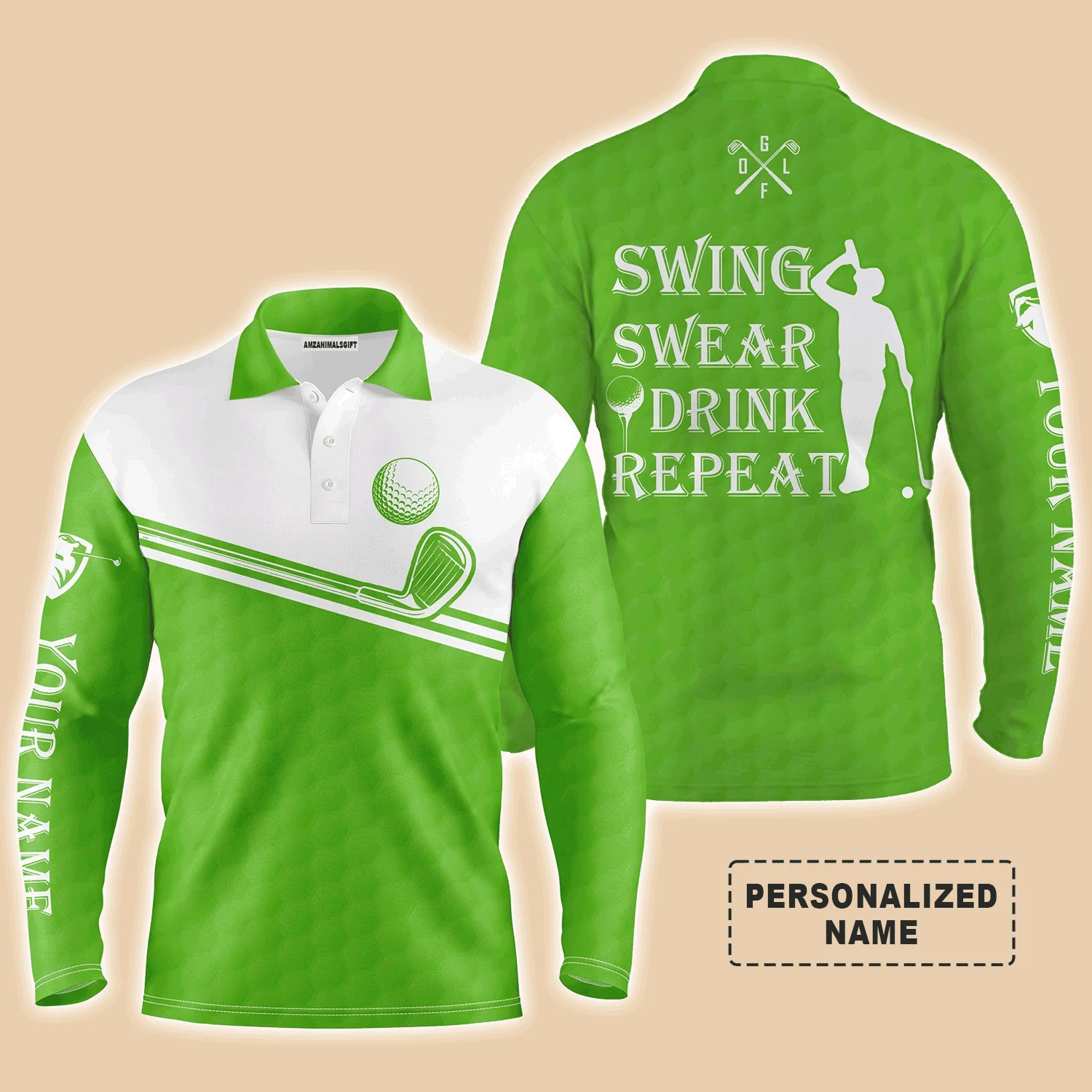 Custom Golf Long Sleeve Men Polo Shirt, Custom Name Multicolor Swing Swear Drink Repeat Apparel- Perfect Gifts For Men, Golf Lover - Image 4