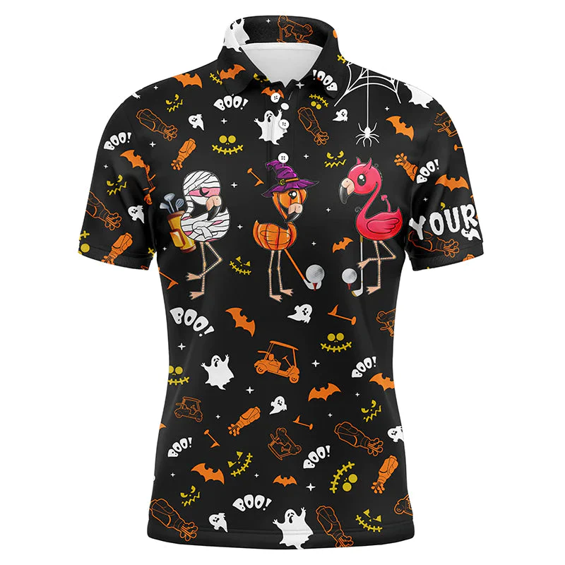 Custom Golf Long Sleeve Men Polo Shirt, Custom Name Orange Black Halloween Background Flamingo Apparel - Perfect Gift For Men, Golf Lovers - Image 3