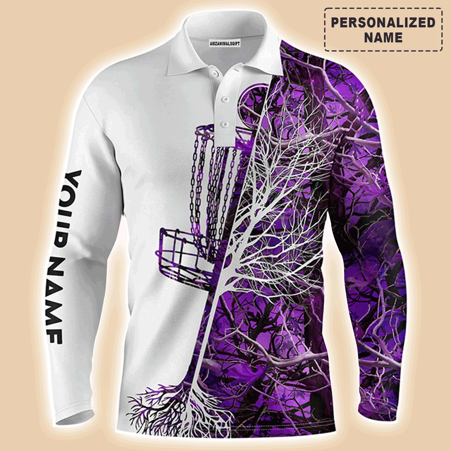Custom Golf Long Sleeve Men Polo Shirt, Custom Name Pink Camo Disc Golf Basket Apparel Men Polo Shirt - Perfect Gift For Men, Golf Lover - Image 2