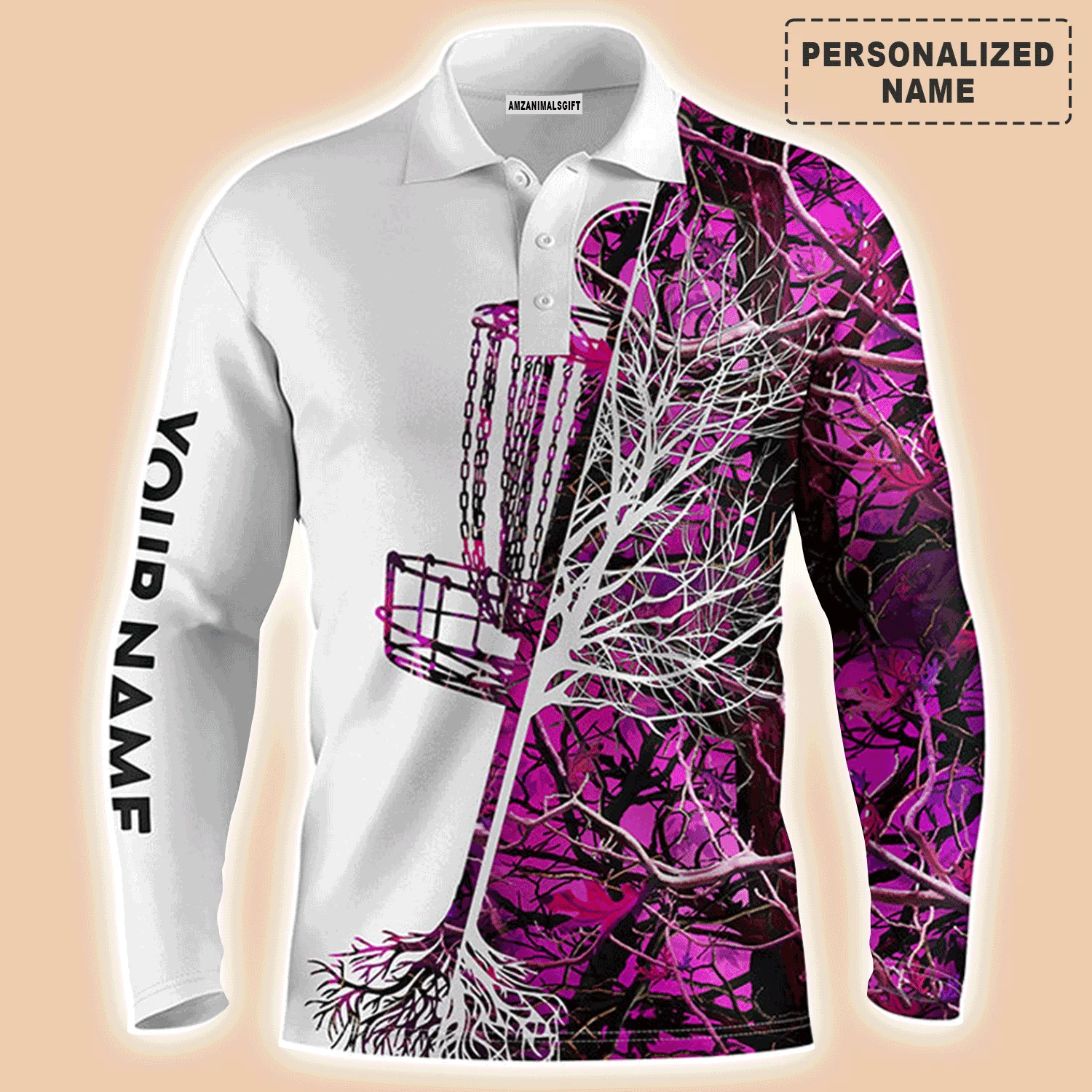 Custom Golf Long Sleeve Men Polo Shirt, Custom Name Pink Camo Disc Golf Basket Apparel Men Polo Shirt - Perfect Gift For Men, Golf Lover - Image 3