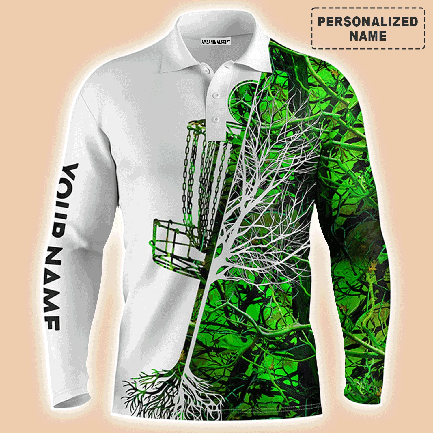 Custom Golf Long Sleeve Men Polo Shirt, Custom Name Pink Camo Disc Golf Basket Apparel Men Polo Shirt - Perfect Gift For Men, Golf Lover - Image 4