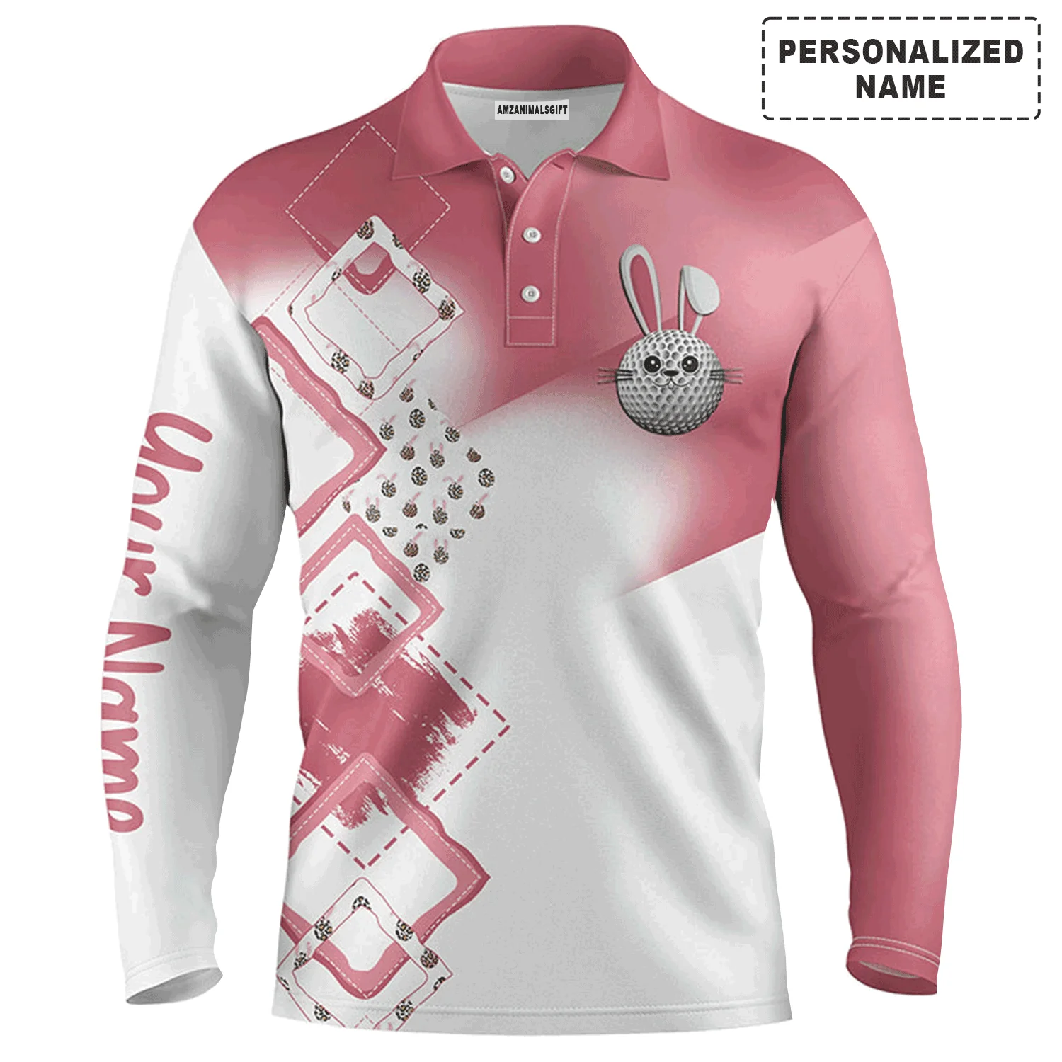 Custom Golf Long Sleeve Men Polo Shirt - Custom Name Pink Easter Eggs Bunny Apparel - Personalized Easter Gift For Men, Golf Lover - Image 2