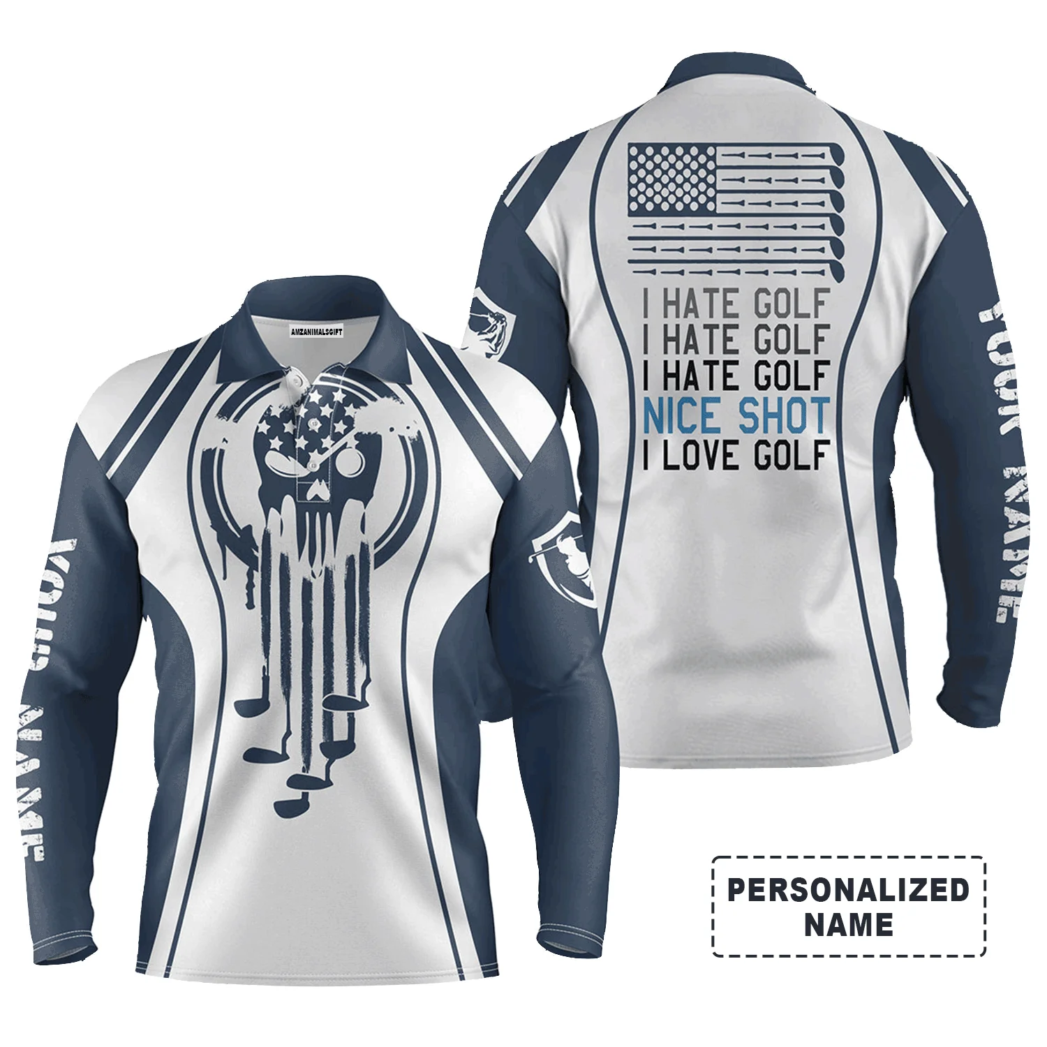 Custom Golf Long Sleeve Men Polo Shirt - Custom Name Skull Blue White Apparel - I Hate Golf Nice Shot I Love Golf Men Polo Shirt Golf Lover - Image 2