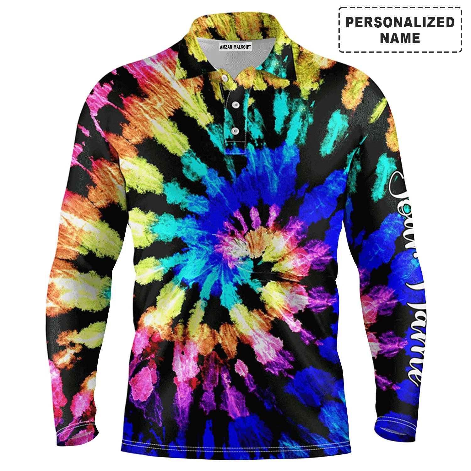 Custom Golf Long Sleeve Men Polo Shirt - Custom Name Tie Dye Pattern Apparel - Personalized Gift For Golf Lover, Men - Image 2