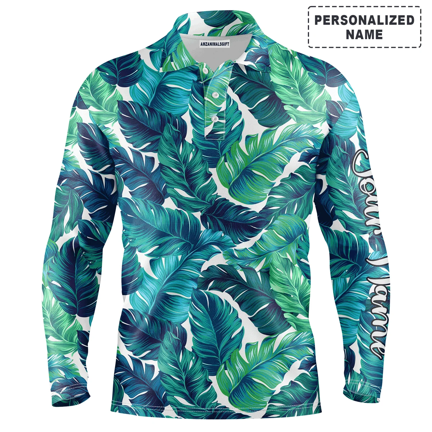 Custom Golf Long Sleeve Men Polo Shirt,Custom Name Turquoise And Green Tropical Leaves Apparel,Personalized Gift For Men, Golf Lover - Image 2