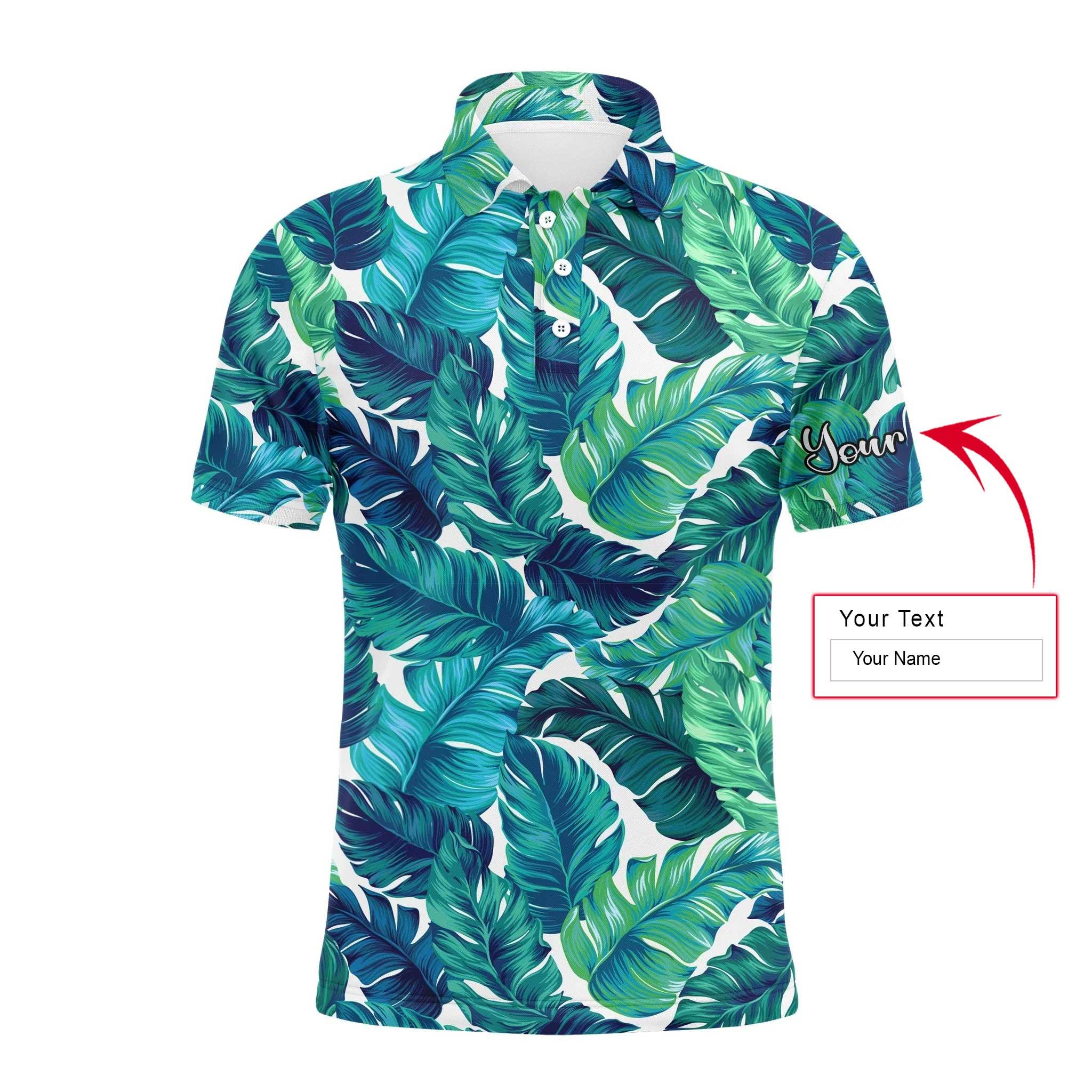 Custom Golf Long Sleeve Men Polo Shirt,Custom Name Turquoise And Green Tropical Leaves Apparel,Personalized Gift For Men, Golf Lover - Image 3