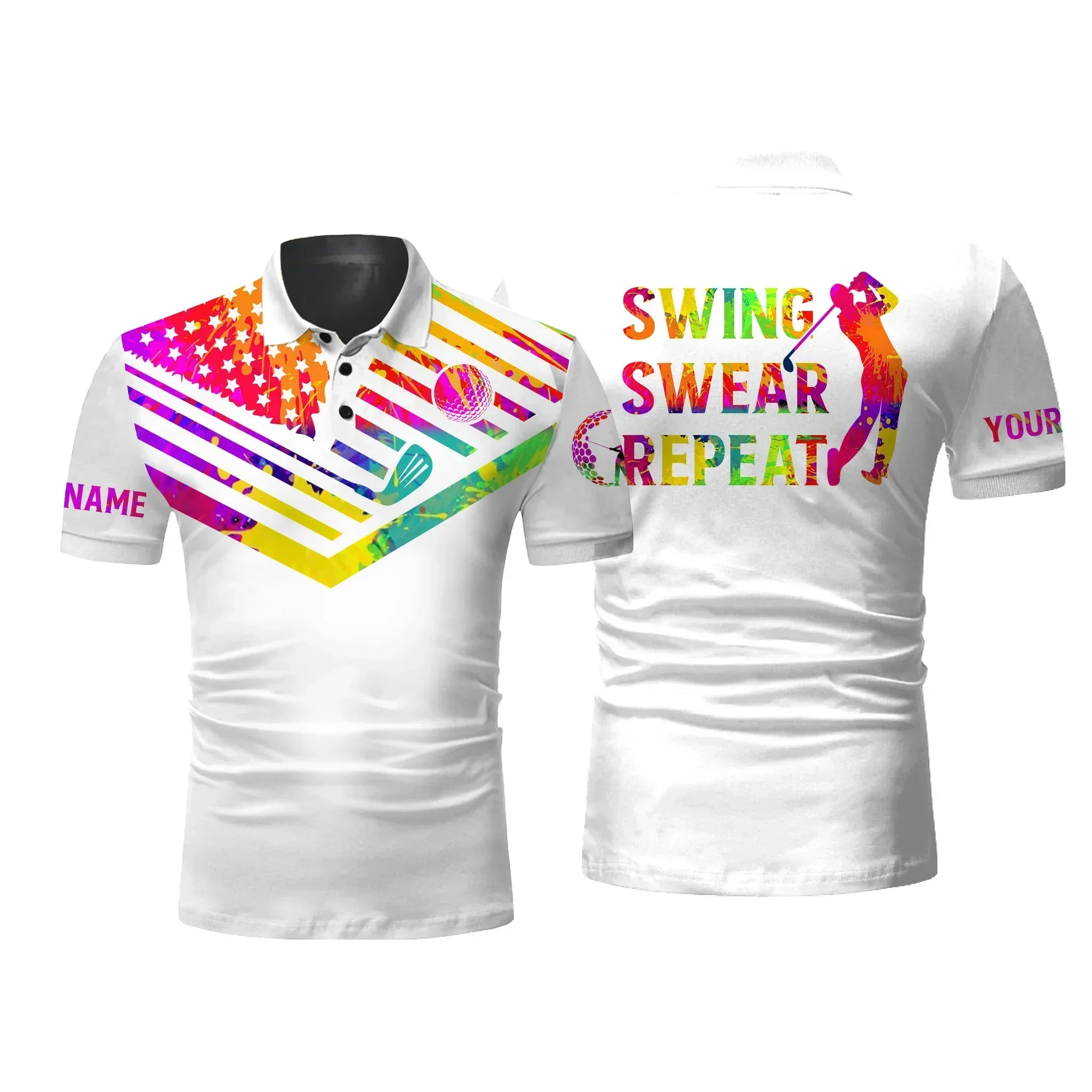 Custom Golf Long Sleeve Men Polo Shirt- Custom Name Watercolor American Flag Multicolor Apparel,Swing Swear Repeat Men Golf Polo Shirt  For Golf Lover - Image 7