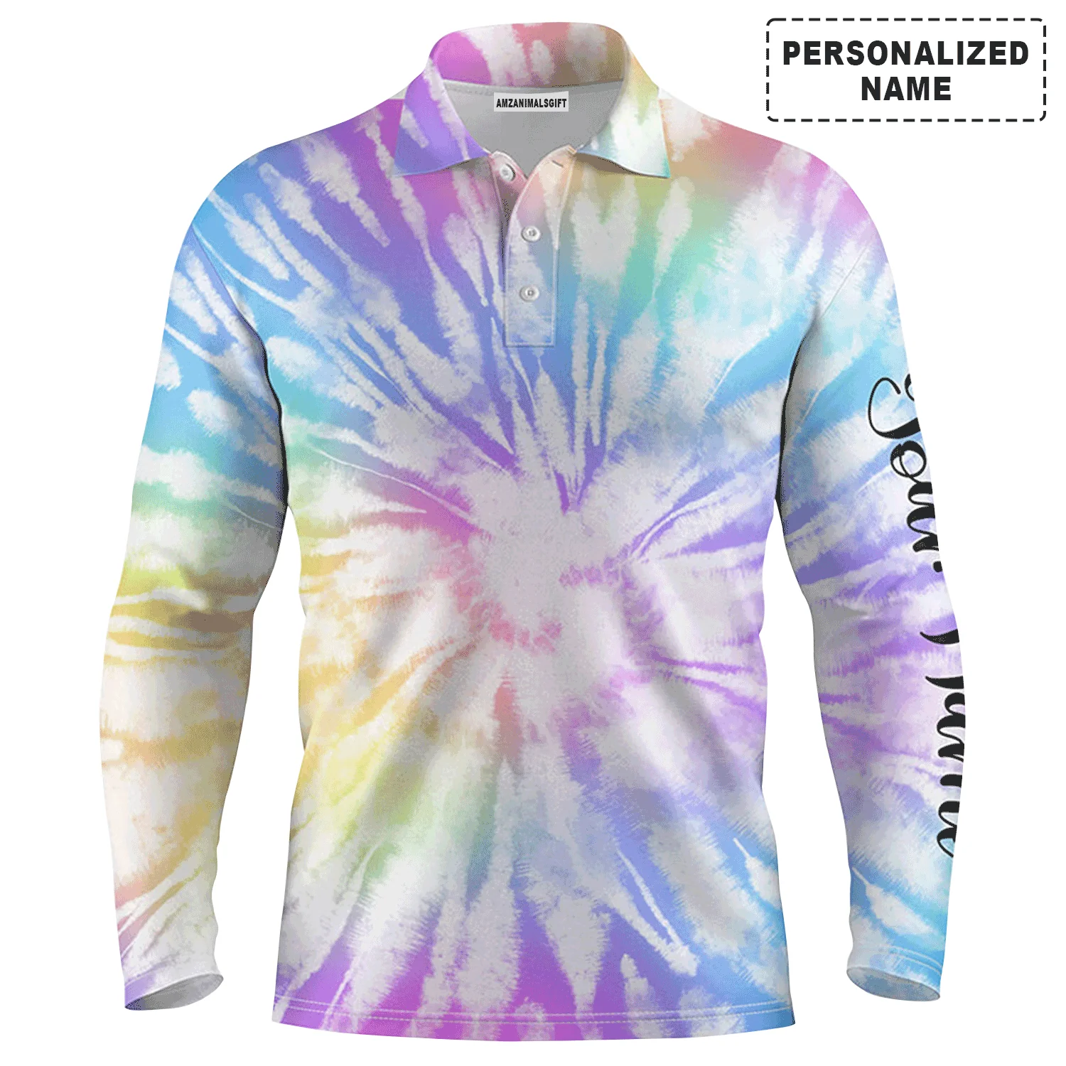 Custom Golf Long Sleeve Men Polo Shirt, Custom Name Watercolor Tie Dye Background Apparel - Perfect Gift For Men, Golf Lover - Image 2