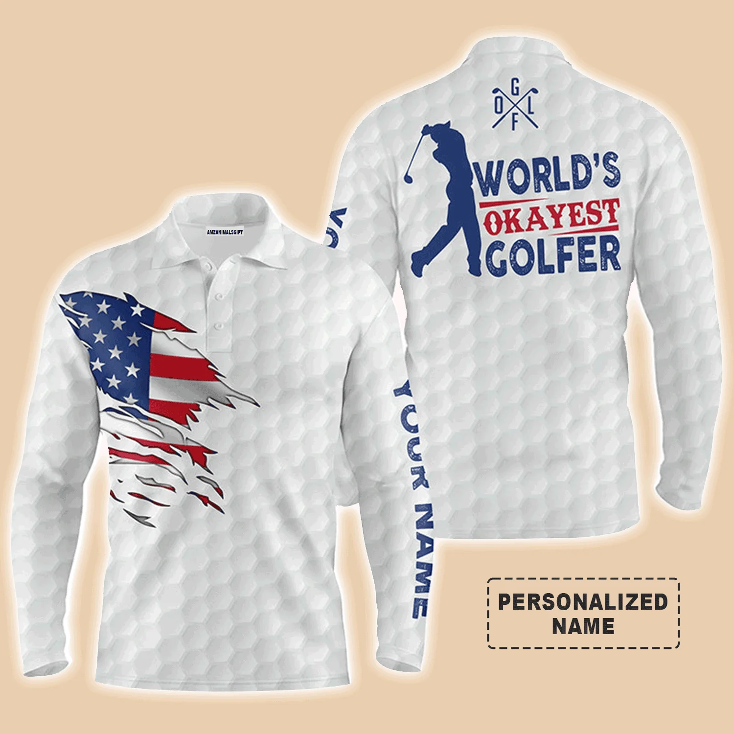 Custom Golf Long Sleeve Men Polo Shirt- Custom Name White American Flag Apparel, World's Okayest Golfer Men Golf Polo Shirt