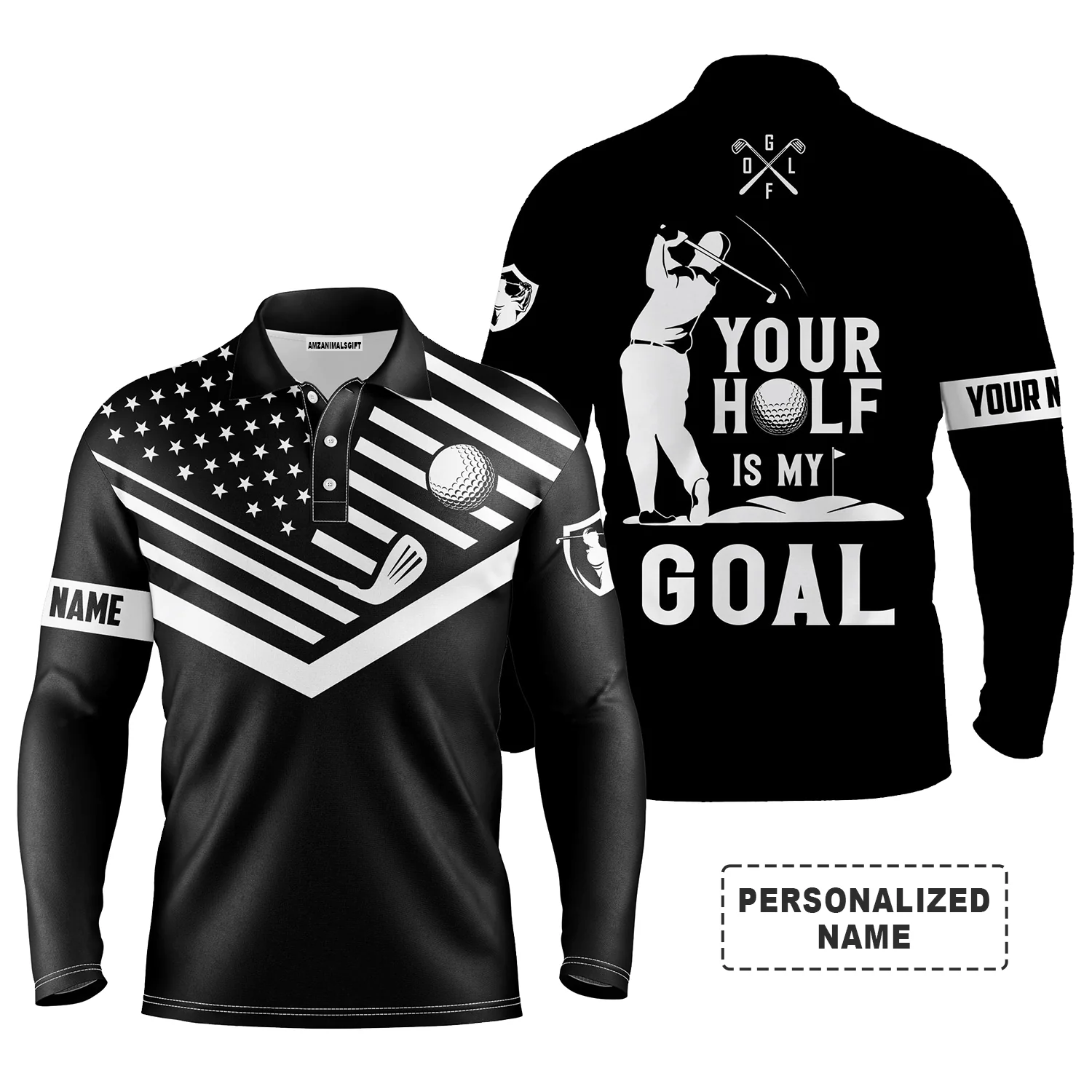 Custom Golf Long Sleeve Men Polo Shirt-Custom Name White American Flag, Your Hole Is My Goal Men Golf Polo Shirt For Men, Golf Lover - Image 2