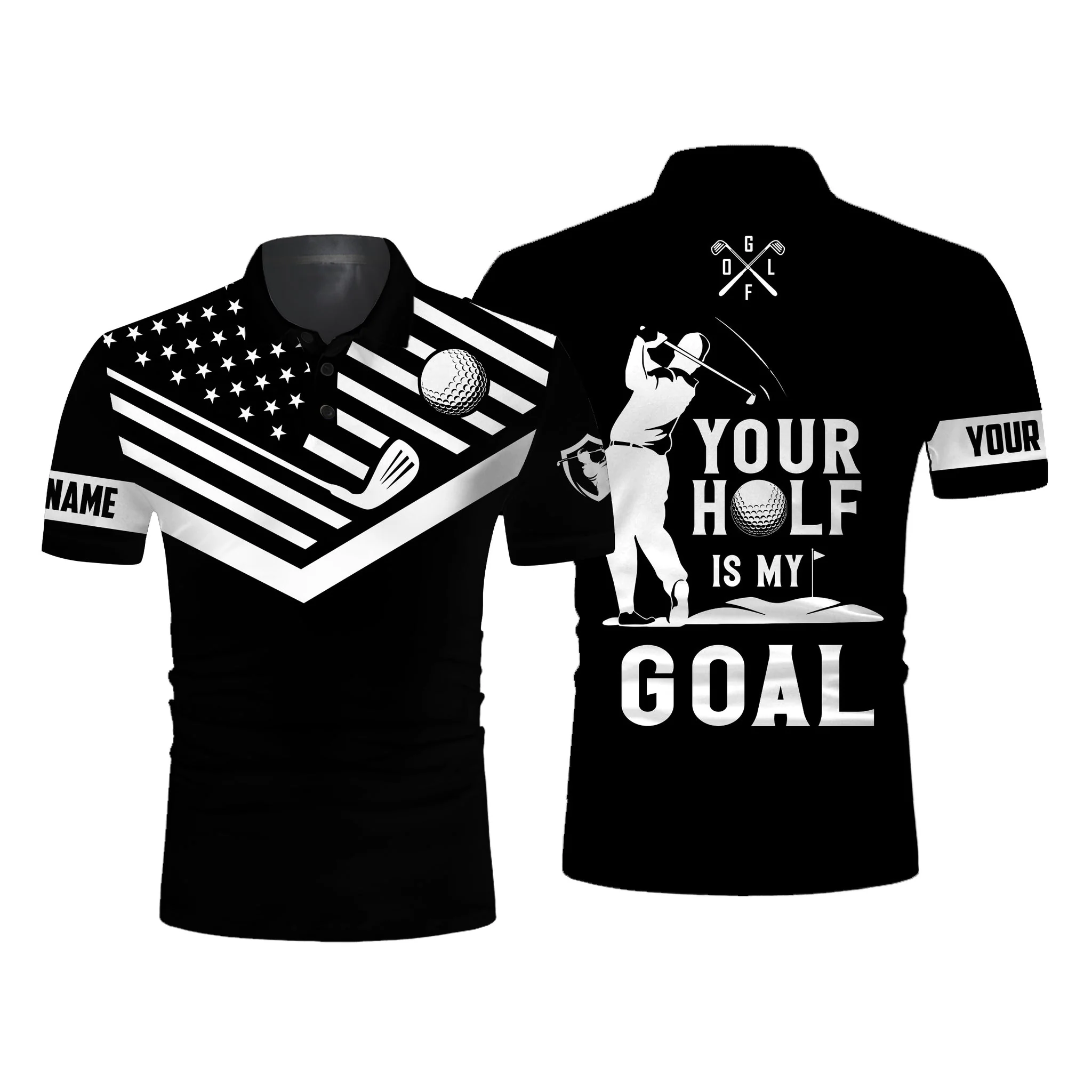 Custom Golf Long Sleeve Men Polo Shirt-Custom Name White American Flag, Your Hole Is My Goal Men Golf Polo Shirt For Men, Golf Lover - Image 3