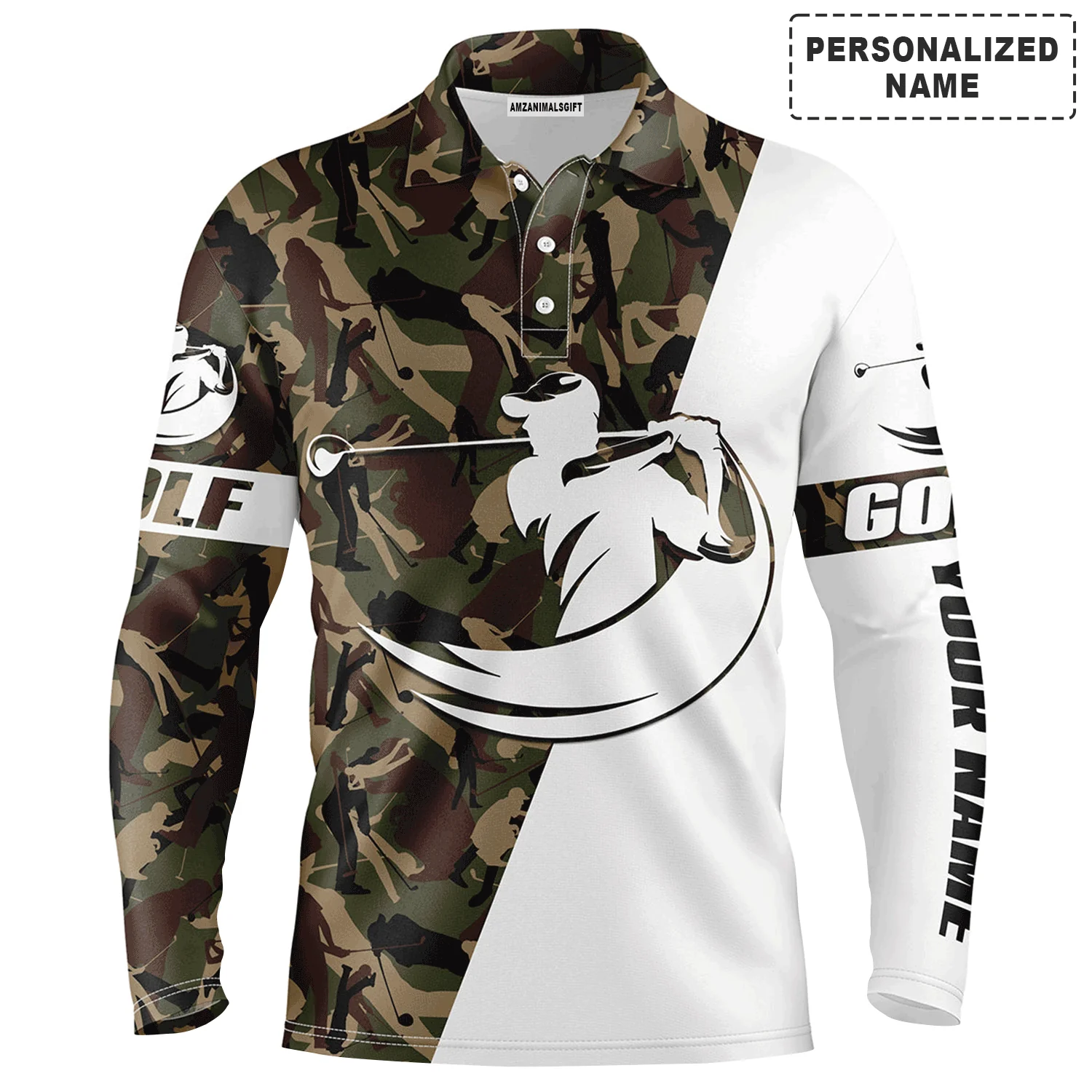 Custom Golf Long Sleeve Men Polo Shirt - Custom Name White And Camo Apparel - Personalized Sports Gift For Men, Golf Lover - Image 2