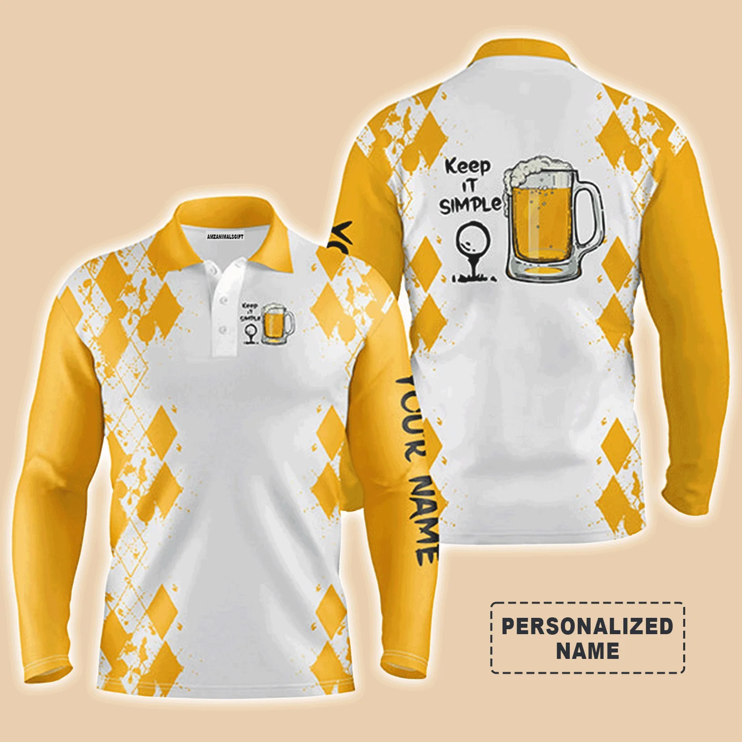 Custom Golf Long Sleeve Men Polo Shirt - Custom Name White Yellow Argyle Pattern Apparel -Keep It Simple Golf Polo Shirt For Men, Golf Lover