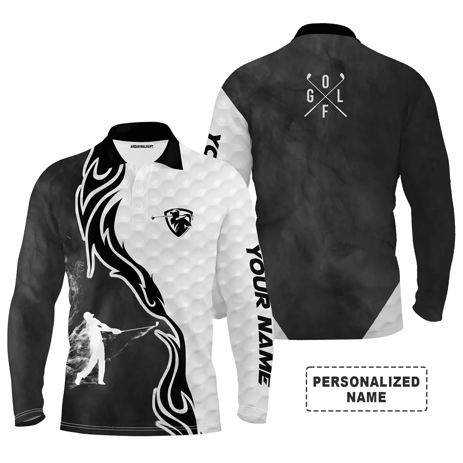Custom Golf Long Sleeve Men Polo Shirt - Fire Pattern, Custom Name Black and White Apparel - Personalized Gift For Men ,Golf Lover - Image 2