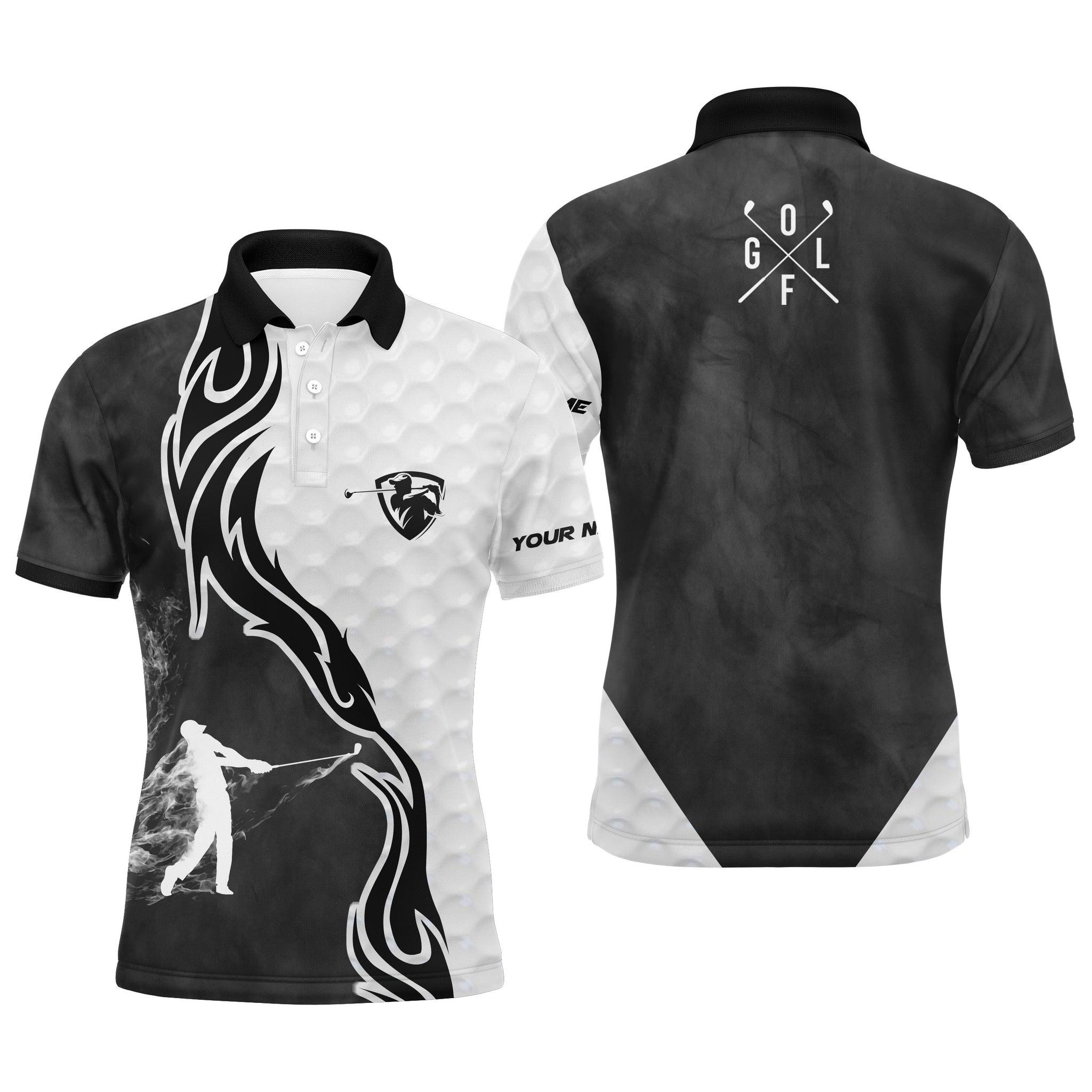 Custom Golf Long Sleeve Men Polo Shirt - Fire Pattern, Custom Name Black and White Apparel - Personalized Gift For Men ,Golf Lover - Image 3