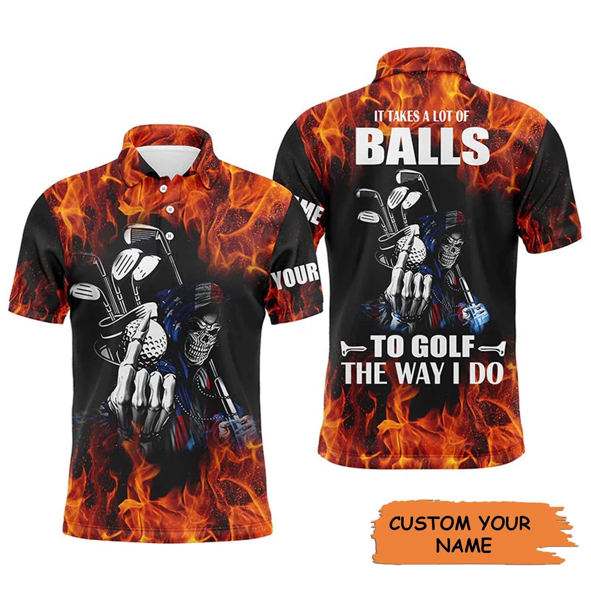 Custom Golf Long Sleeve Men Polo Shirt - Flame Skull Apparel, It Takes A Lot Of Balls To Golf The Way I Do Men Golf Polo Shirt - Perfect Polo Shirt For Men - Image 3