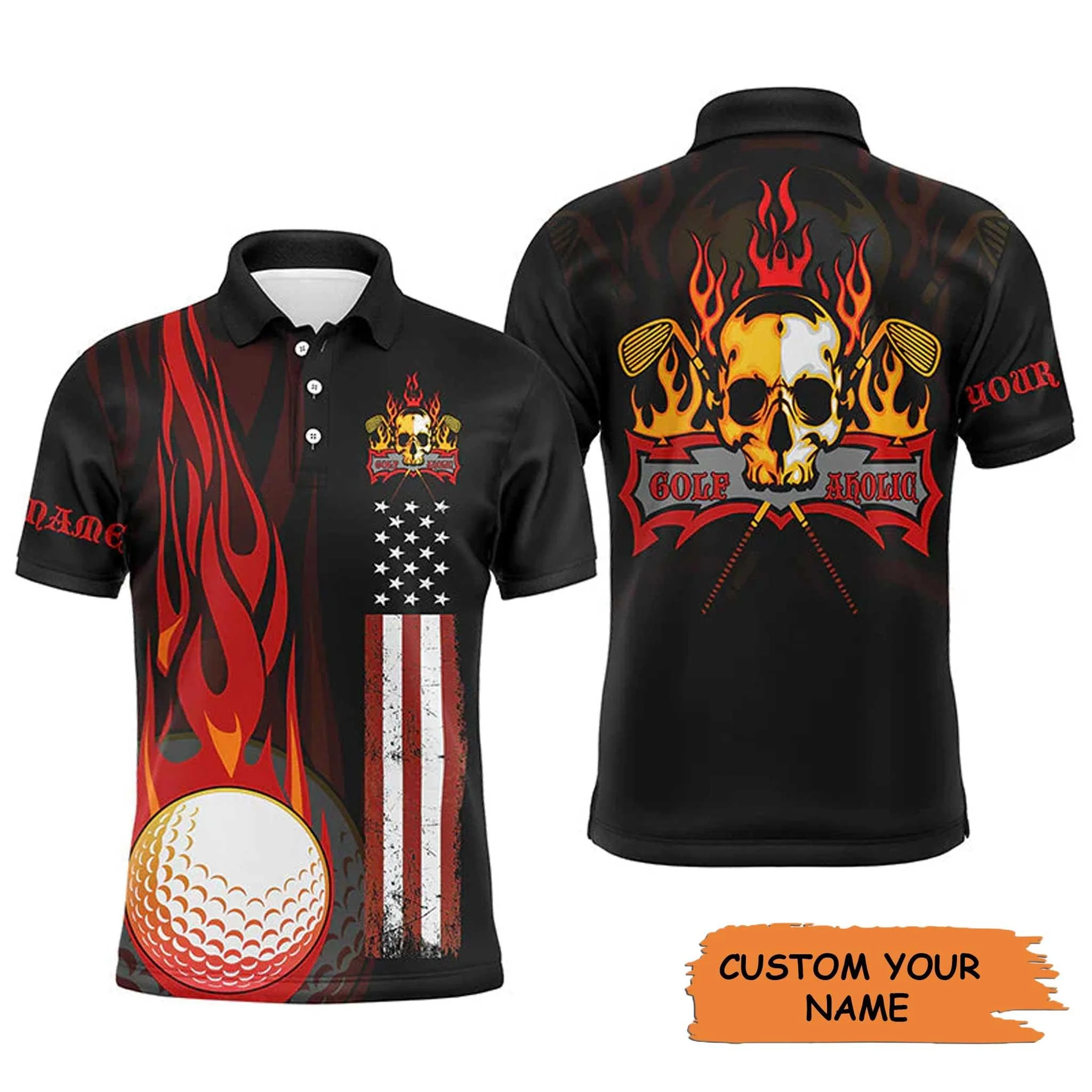 Custom Golf Long Sleeve Men Polo Shirt - Flame Skull Golf Ball American Flag Custom Name Men Golf Polo Shirt - Perfect Polo Shirt For Men, Golfers - Image 3