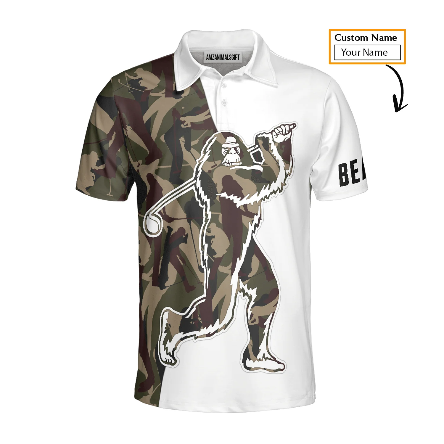 Custom Golf Long Sleeve Men Polo Shirt- Funny Bigfoot Golf Polo Shirts, Camo Pattern Sasquatch Playing Golf Men Polo Shirt For Golf Lover - Image 5