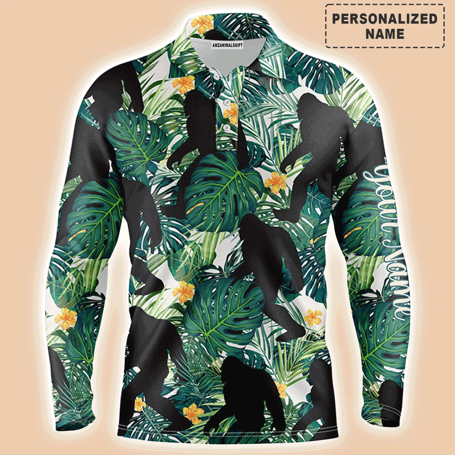 Custom Golf Long Sleeve Men Polo Shirt,Funny Bigfoot Men Polo Shirt, Custom Name Green Tropical Leaves Apparel Men Polo Shirt For Golf Lover