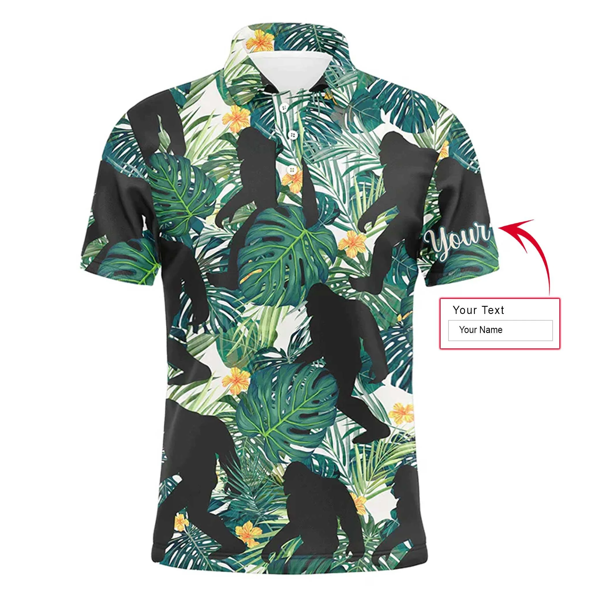 Custom Golf Long Sleeve Men Polo Shirt,Funny Bigfoot Men Polo Shirt, Custom Name Green Tropical Leaves Apparel Men Polo Shirt For Golf Lover - Image 3