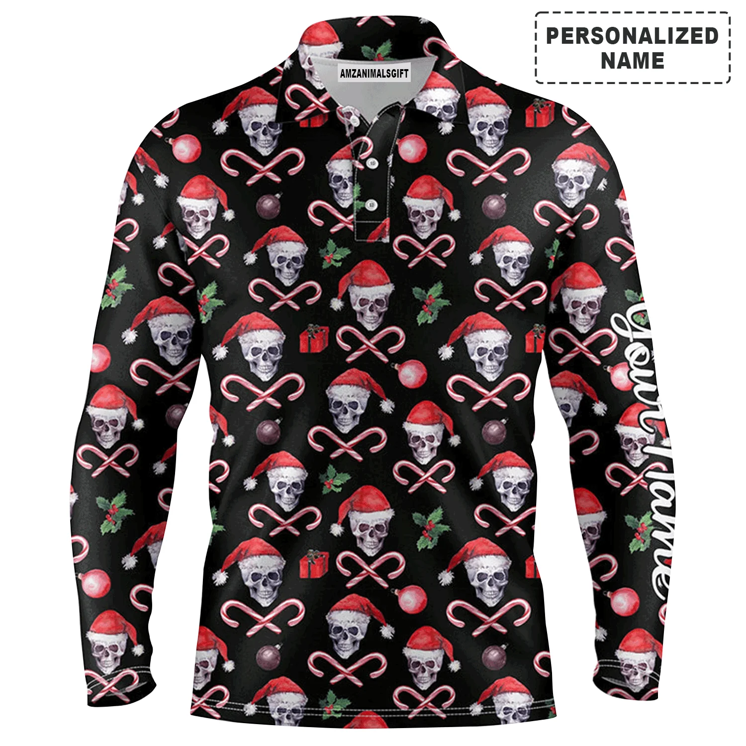 Custom Golf Long Sleeve Men Polo Shirt- Funny Black Christmas Skull Pattern Custom Name Apparel Men Polo Shirt- Personalized Gift For Golf Lover, Team - Image 2