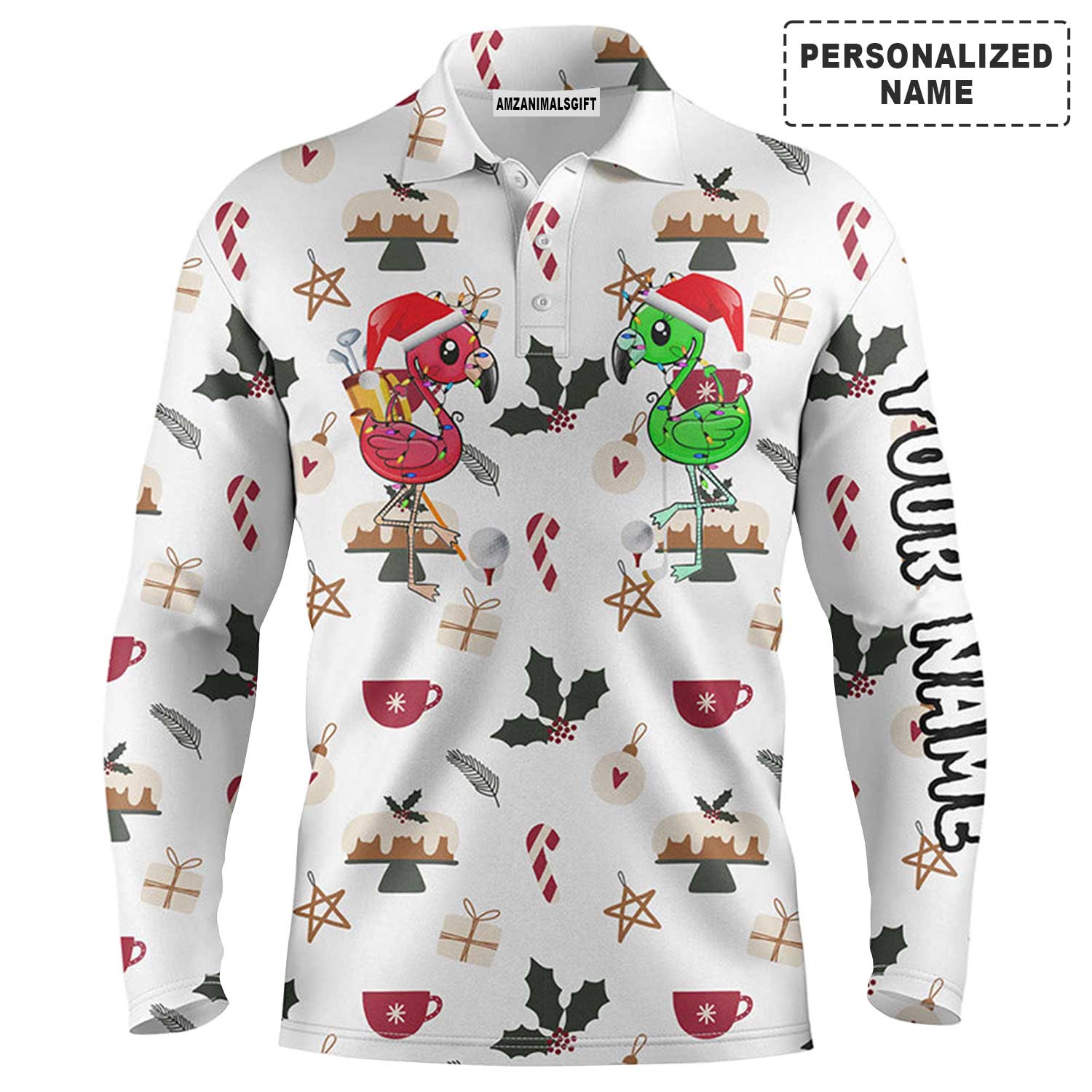 Custom Golf Long Sleeve Men Polo Shirt - Funny Christmas Background Golf Friends Custom Name Apparel Men Polo Shirt - Personalized Gift For Men, Golf Lover - Image 2