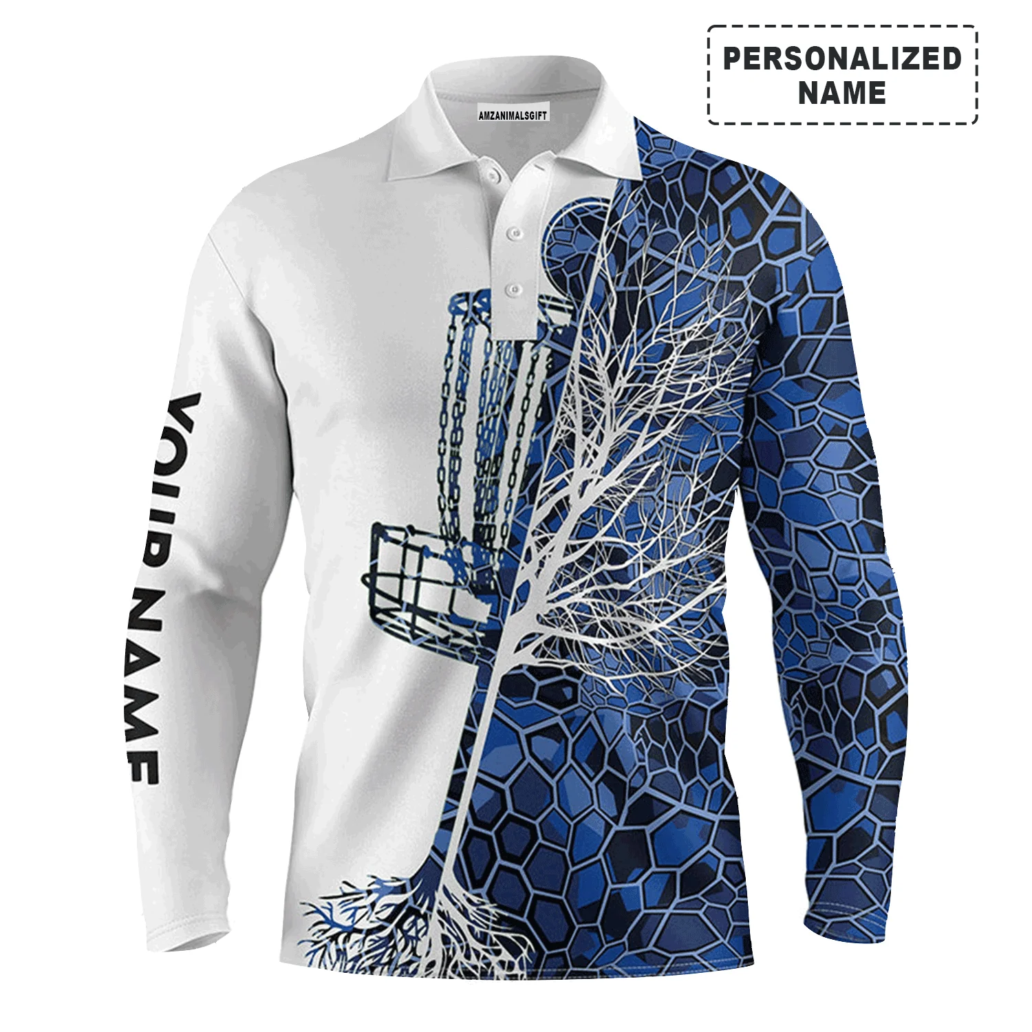 Custom Golf Long Sleeve Men Polo Shirt - Funny Custom Name Blue Camo Disc Golf Basket Apparel - Personalized Gift For Men, Disc Golf Lover - Image 2