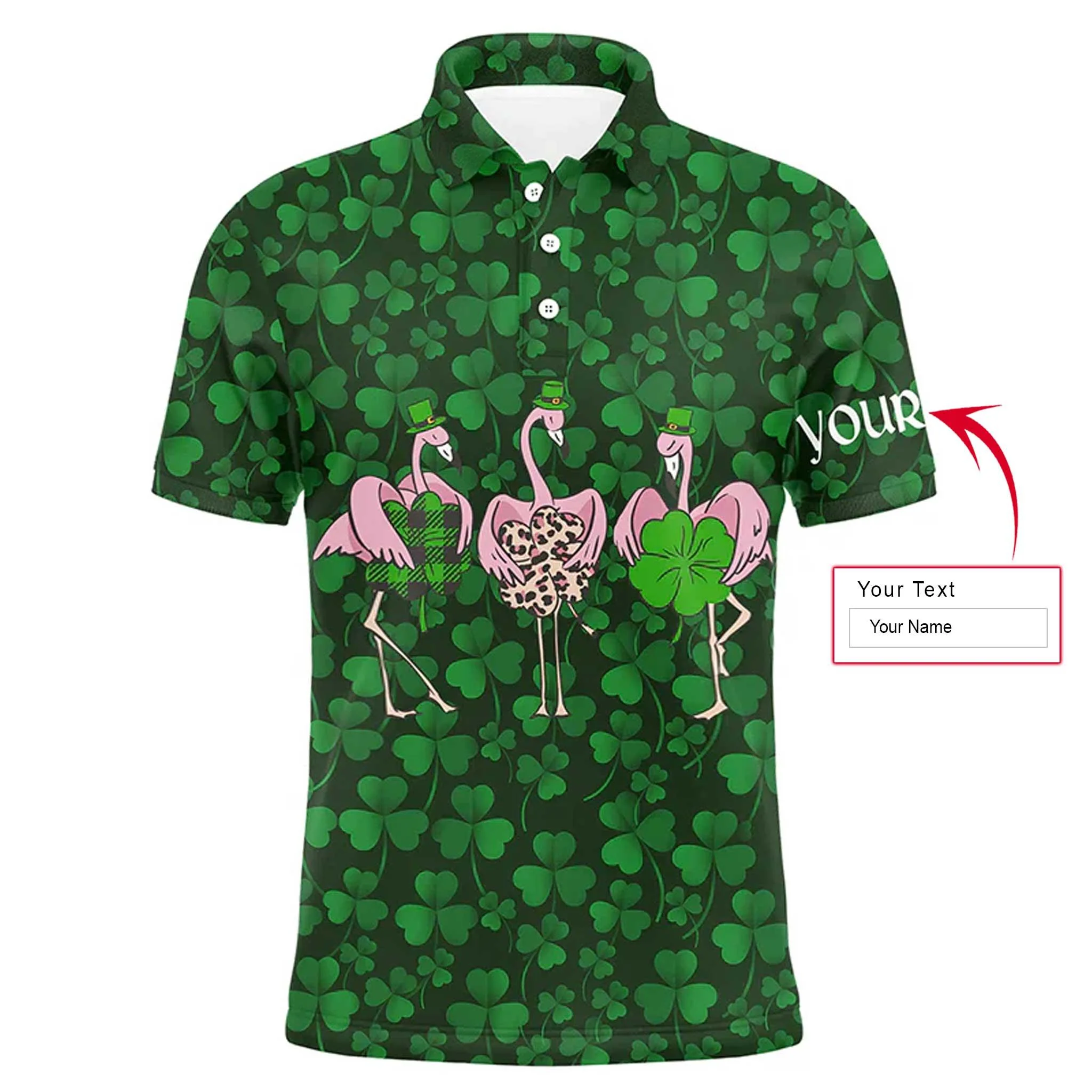 Custom Golf Long Sleeve Men Polo Shirt - Funny Custom Name Green Clover St Patrick's Day Background Flamingo Polo Shirt For Men, Golf Lover - Image 3